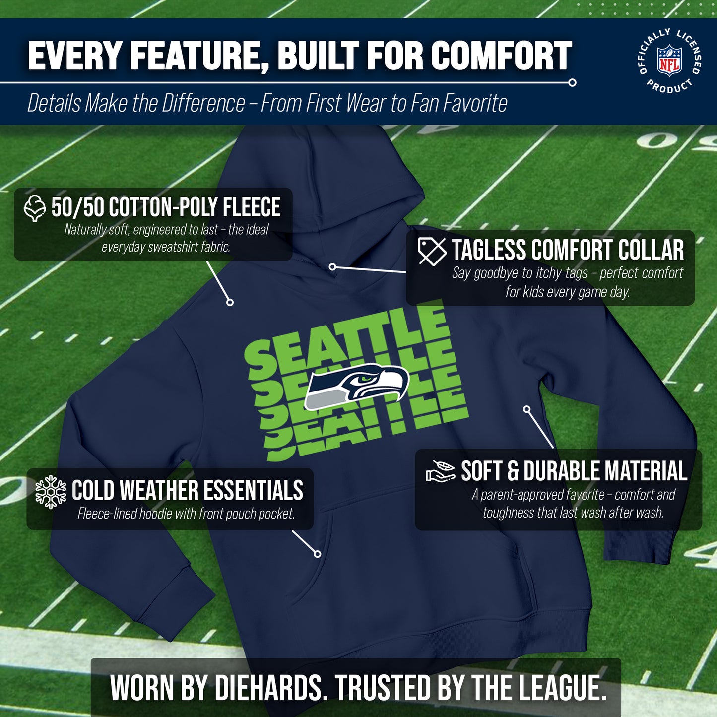 Seattle Seahawks NFL Youth Repeating Logo Football Fleece Hooded Sweatshirt - Navy