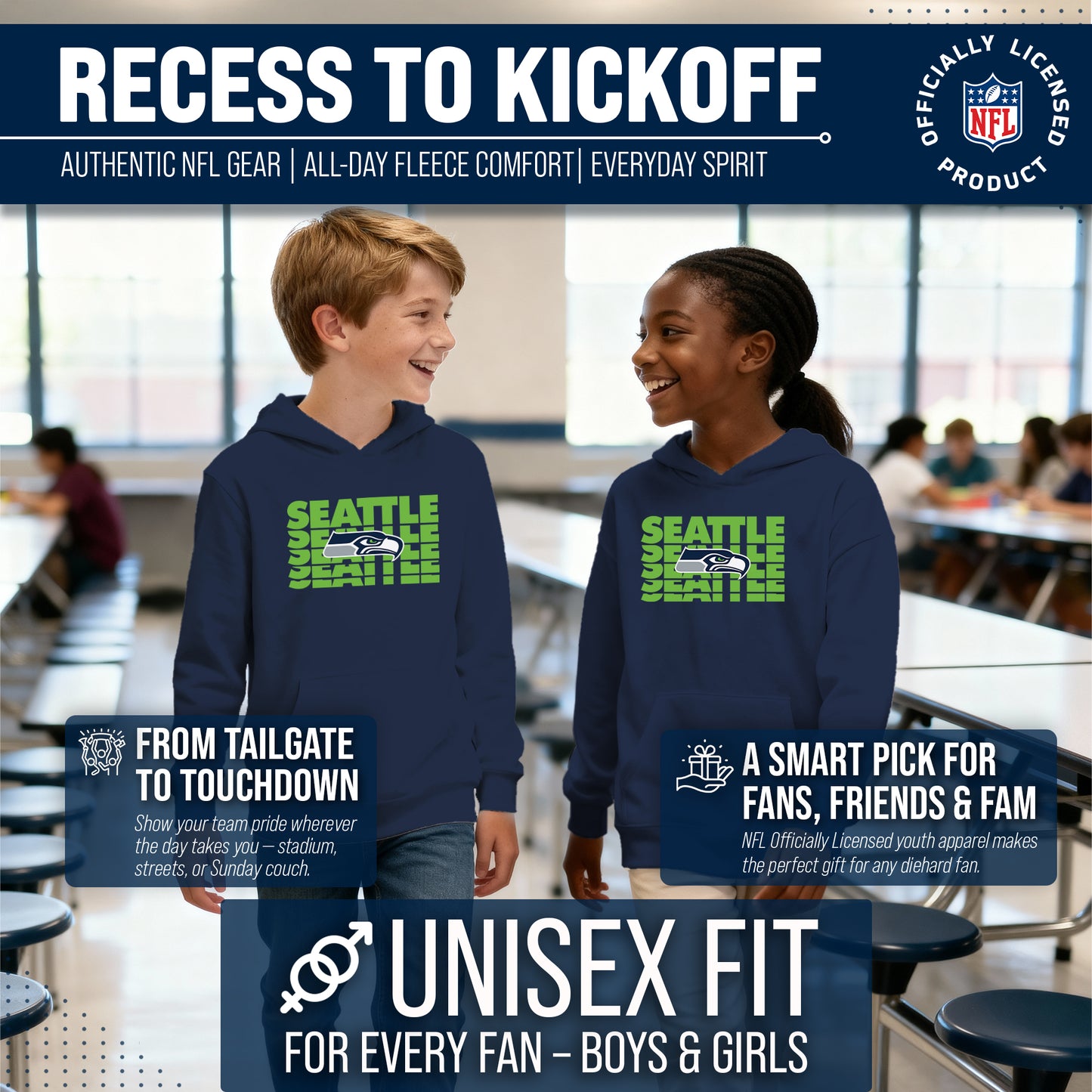 Seattle Seahawks NFL Youth Repeating Logo Football Fleece Hooded Sweatshirt - Navy