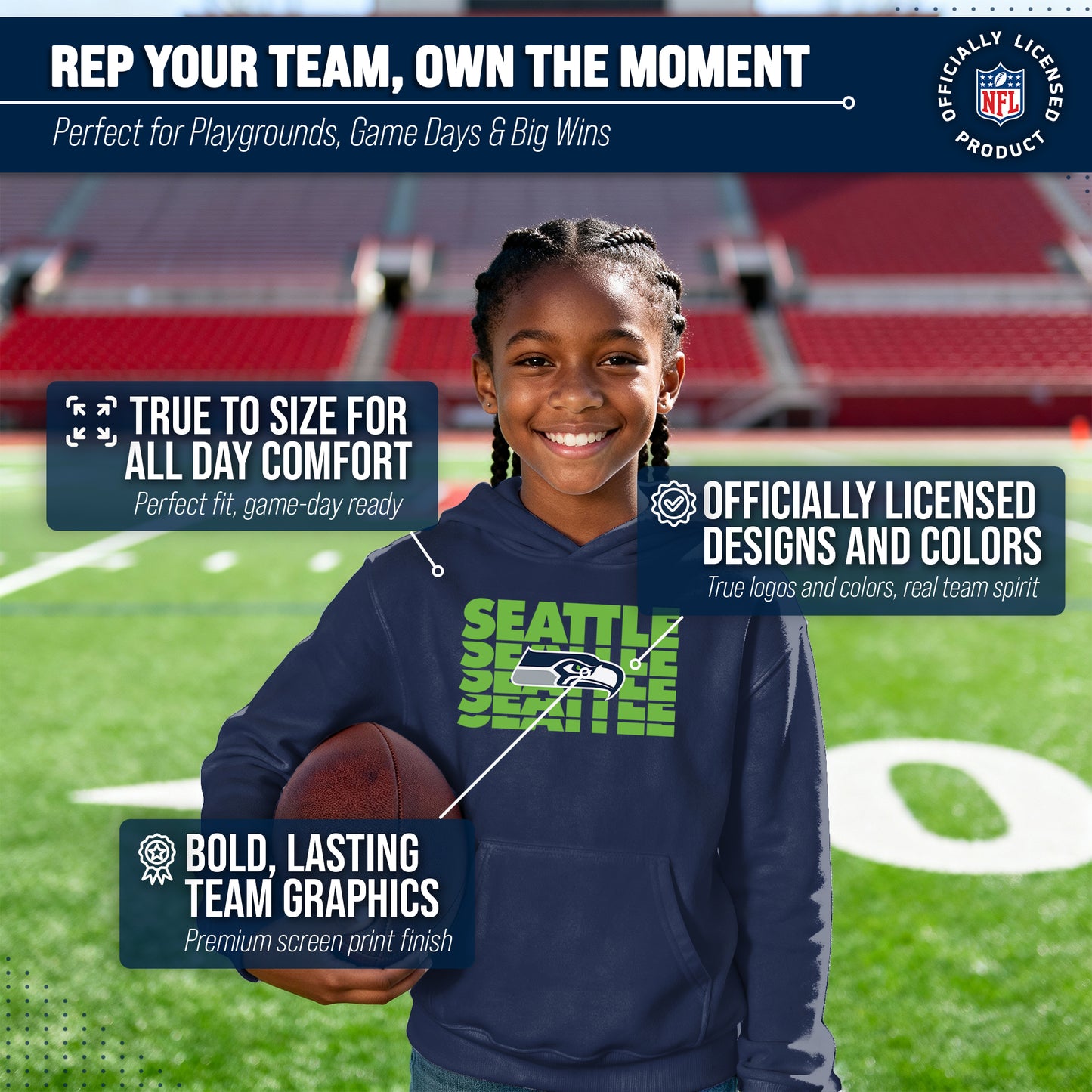 Seattle Seahawks NFL Youth Repeating Logo Football Fleece Hooded Sweatshirt - Navy