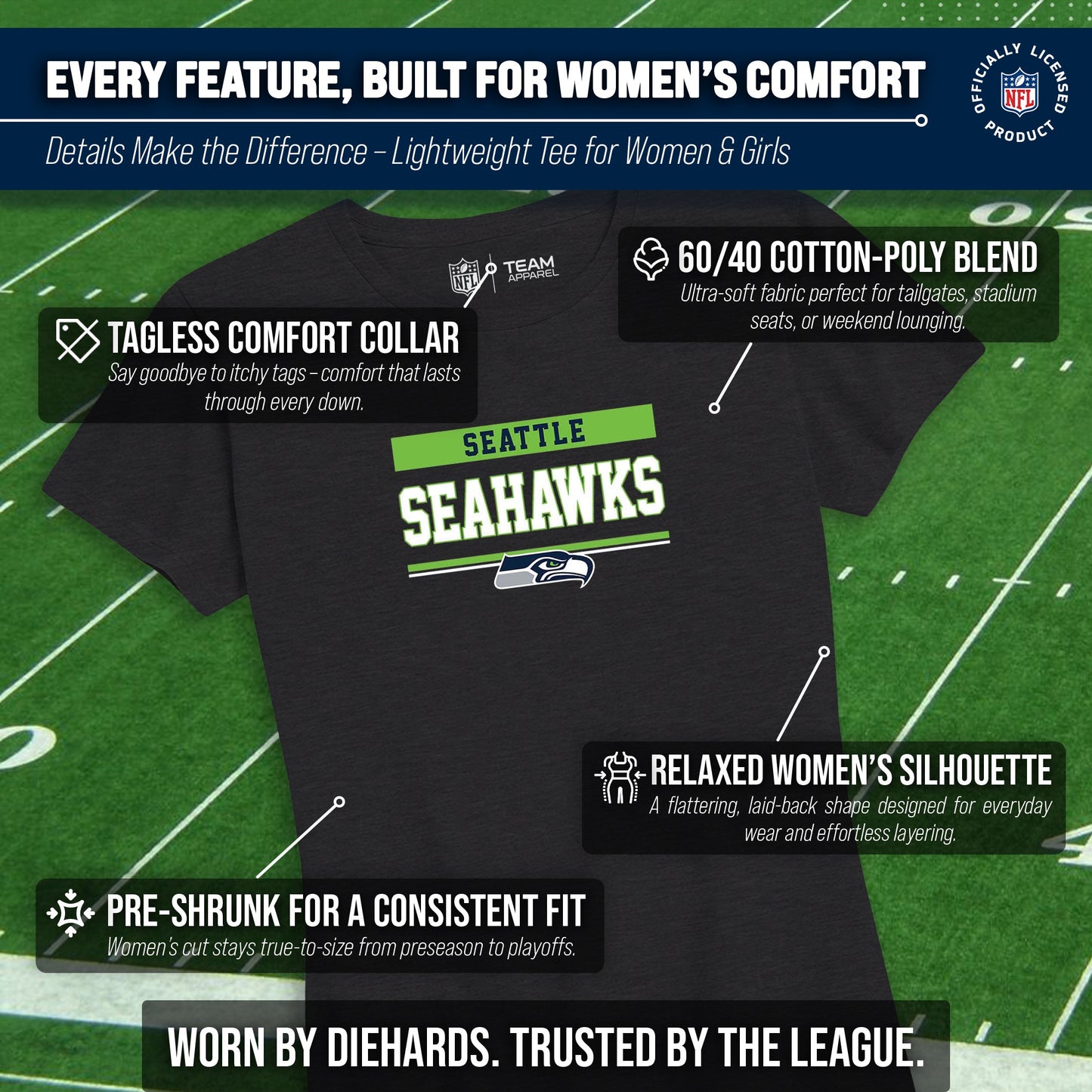 Seattle Seahawks NFL Women's Team Block Charcoal Tagless T-Shirt - Charcoal