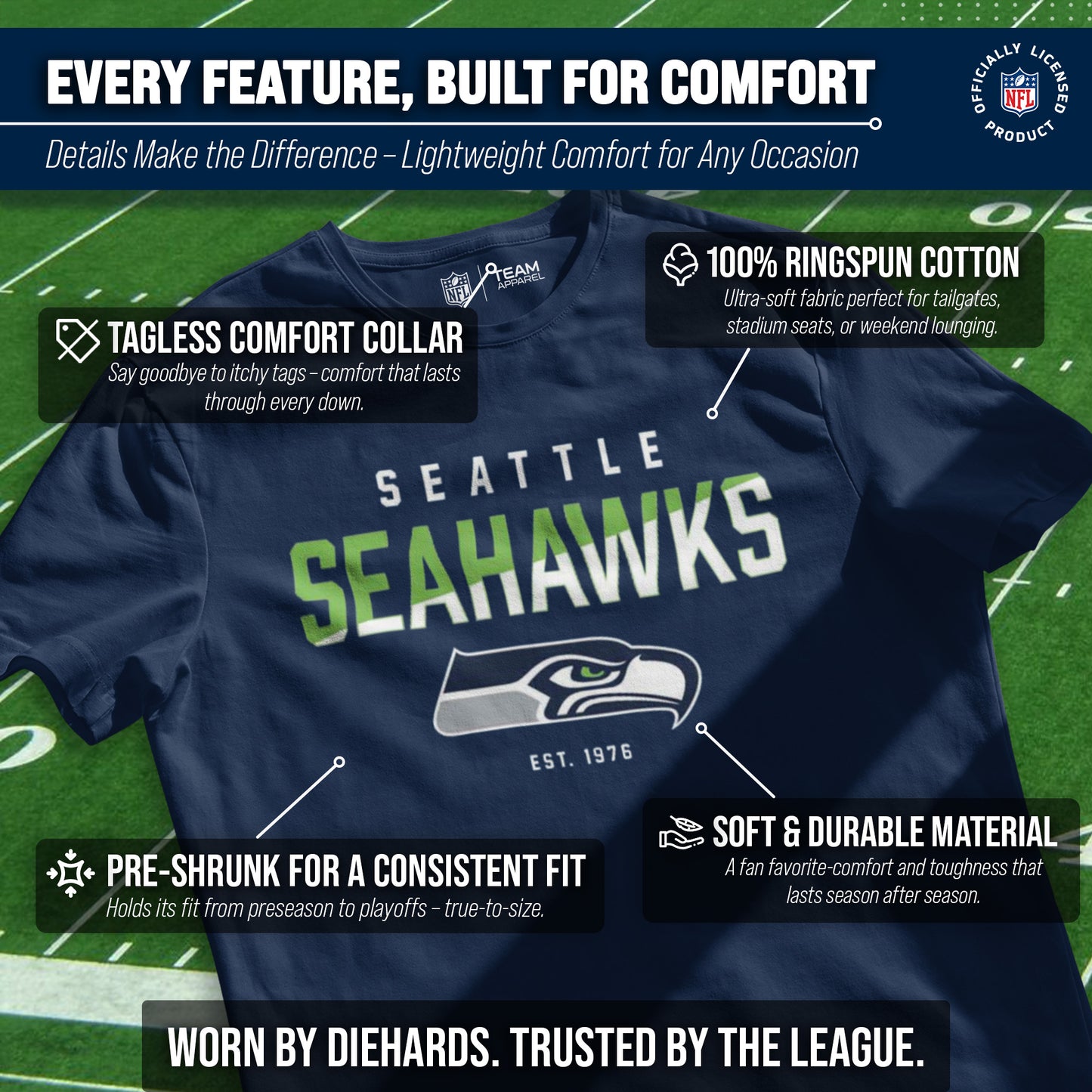 Seattle Seahawks Adult NFL Diagonal Fade Color Block T-Shirt - Navy