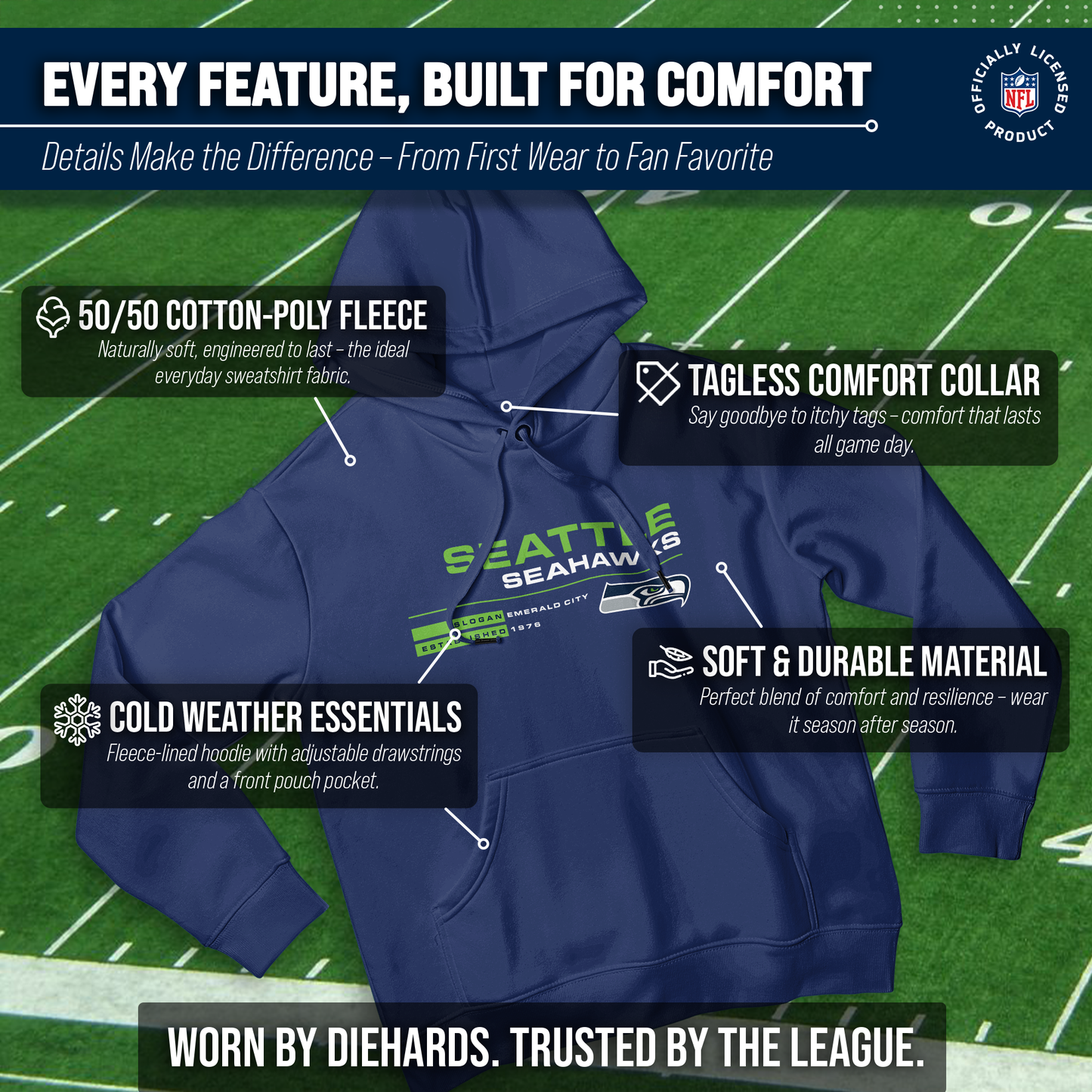 Seattle Seahawks Adult NFL Speed Stat Sheet Fleece Hooded Sweatshirt - Navy