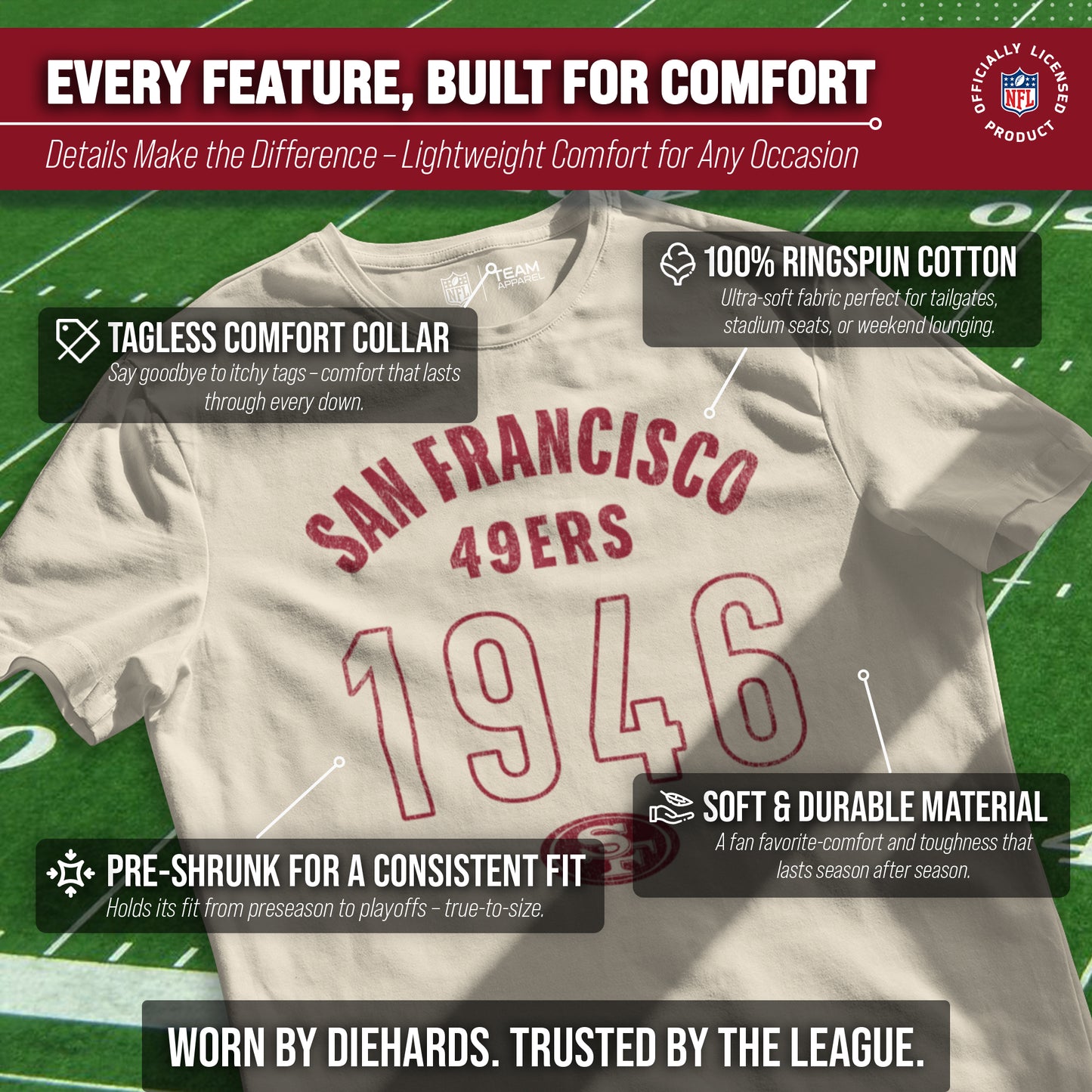 San Francisco 49ers NFL Adult Big Date Tag-Less T-Shirt - Natural