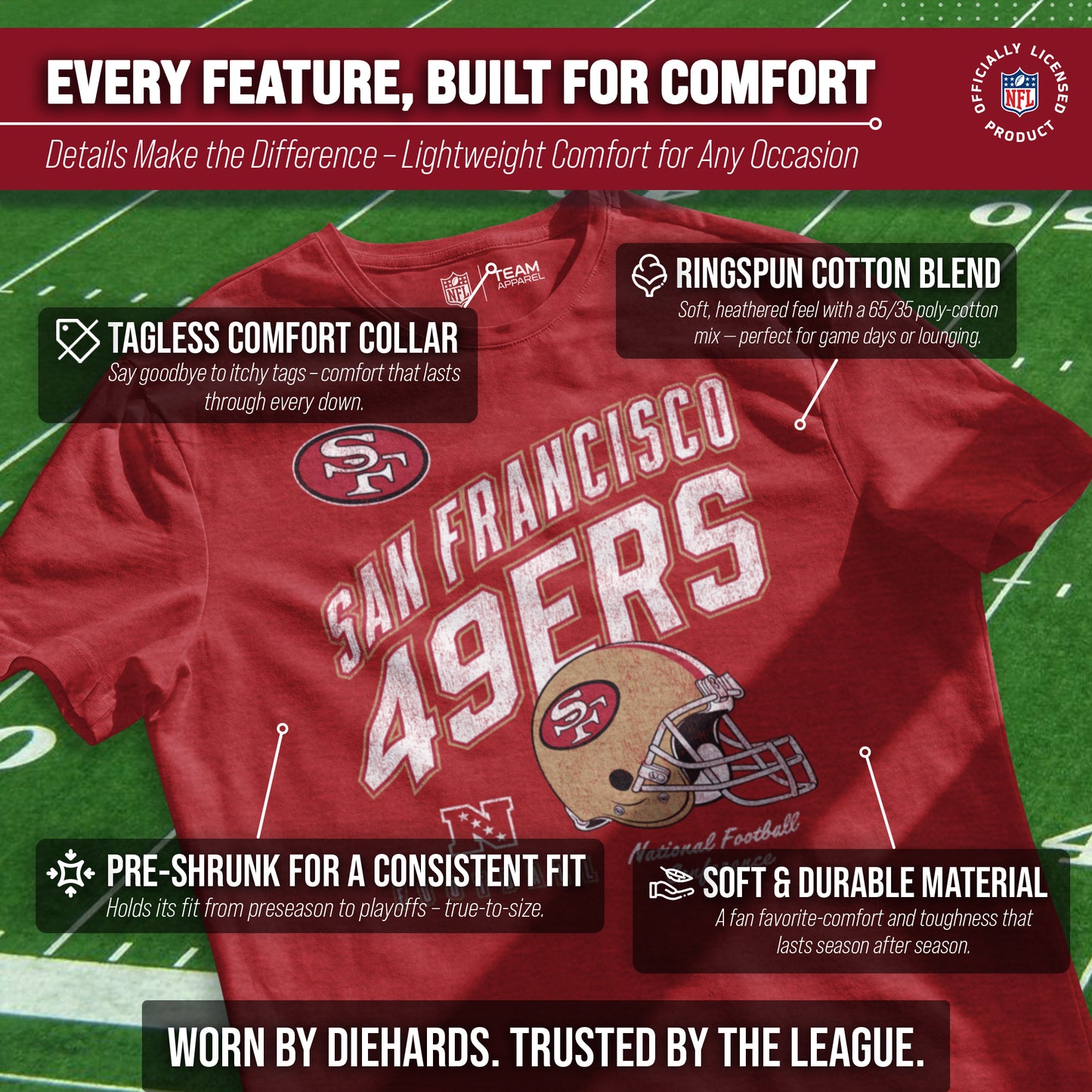 San Francisco 49ers NFL Adult Distressed Helmet Tag-Less T-Shirt - Red Heather