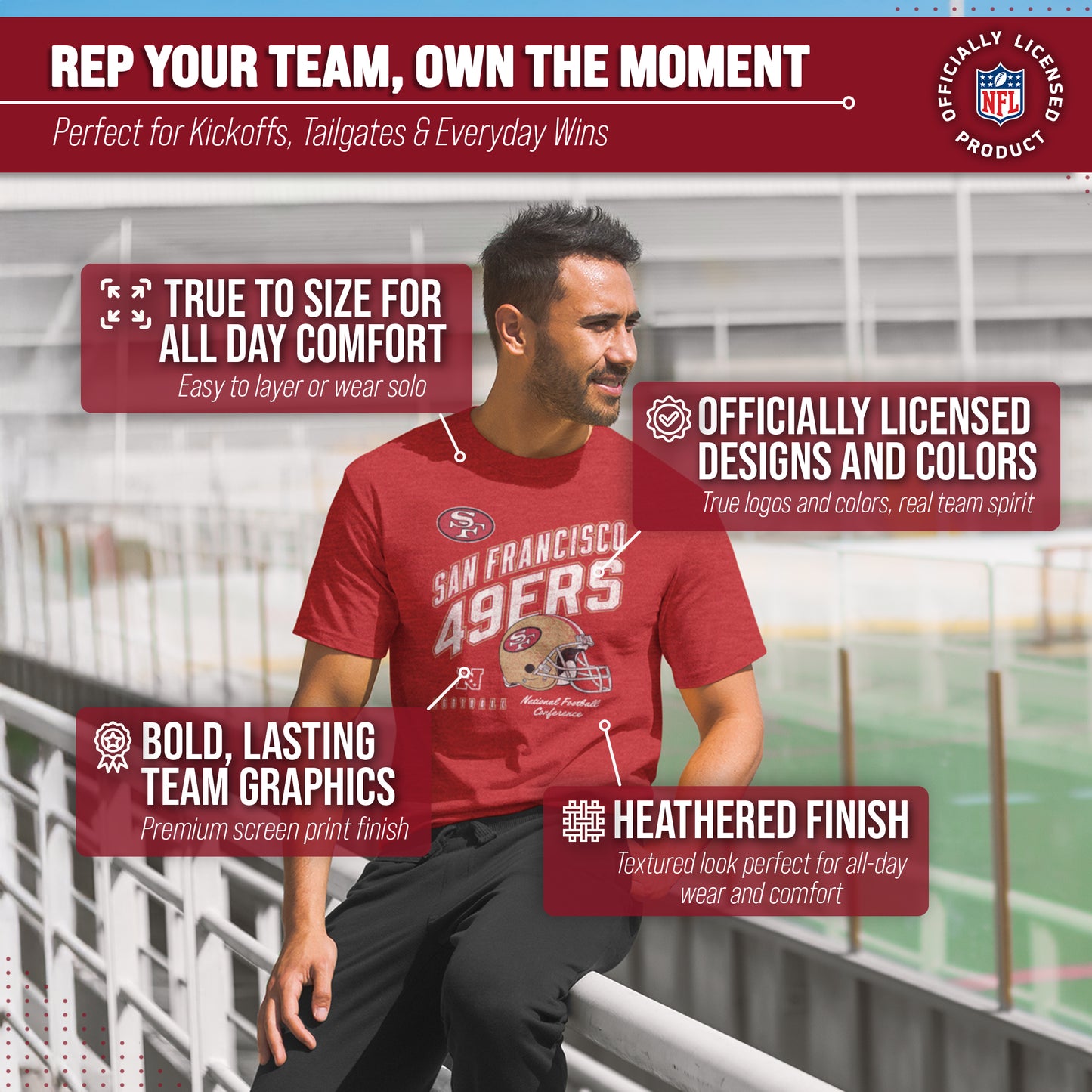 San Francisco 49ers NFL Adult Distressed Helmet Tag-Less T-Shirt - Red Heather