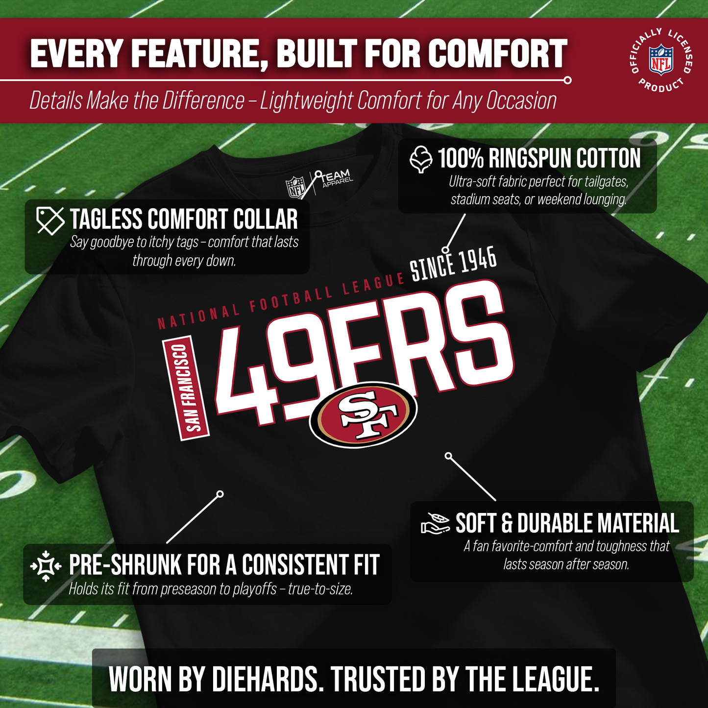 San Francisco 49ers NFL Adult Modern Endzone Tag-Less T-Shirt - Black