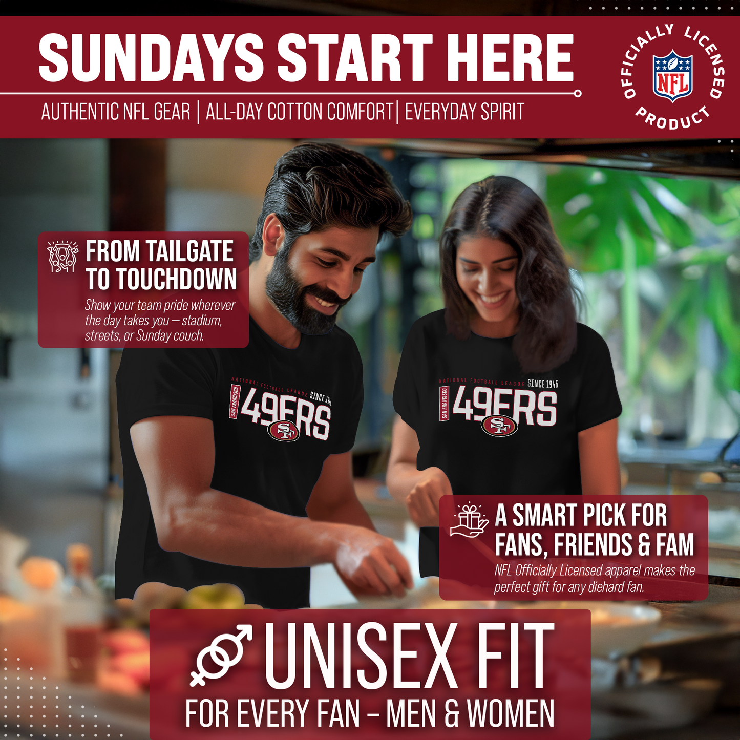 San Francisco 49ers NFL Adult Modern Endzone Tag-Less T-Shirt - Black