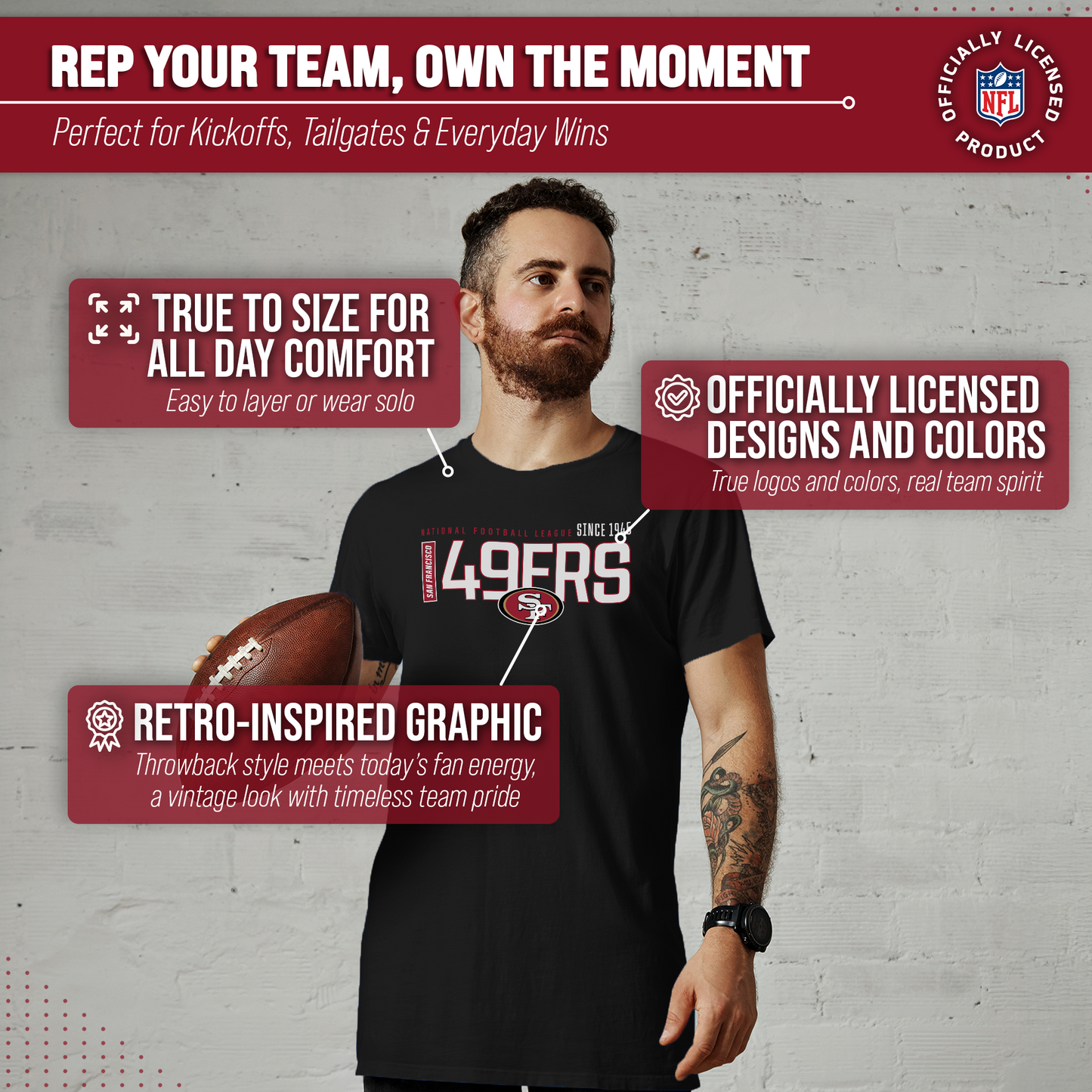 San Francisco 49ers NFL Adult Modern Endzone Tag-Less T-Shirt - Black
