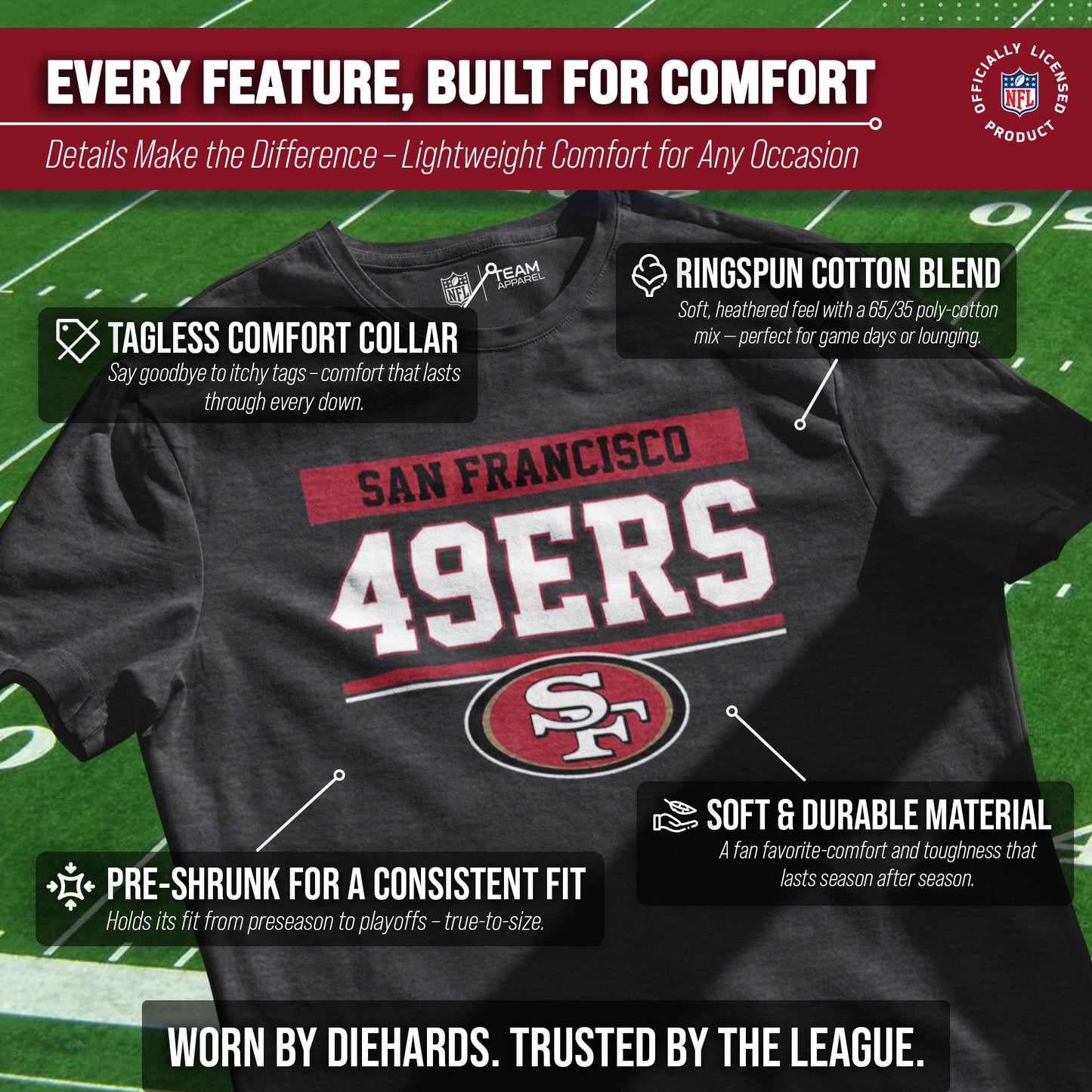 San Francisco 49ers NFL Adult Team Block Tagless T-Shirt - Charcoal