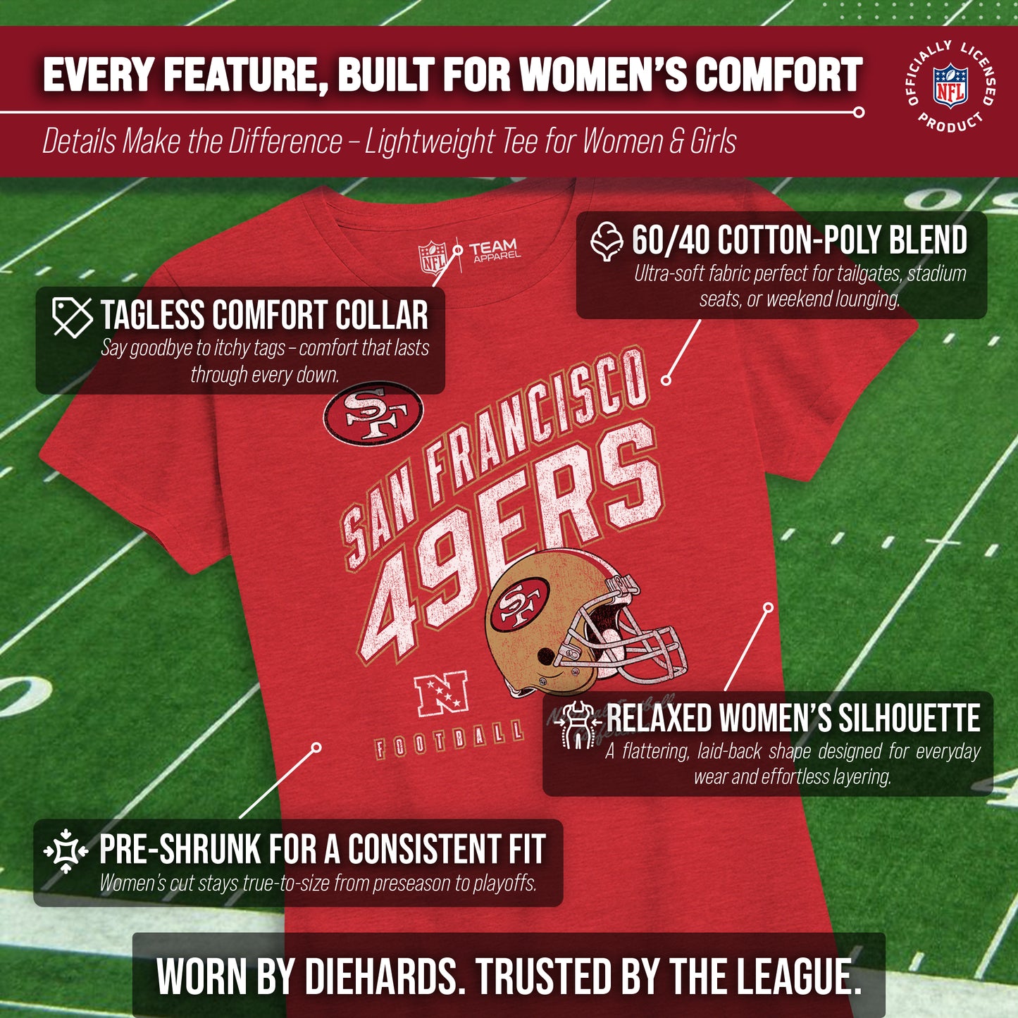 San Francisco 49ers NFL Womens Distressed Helmet Tag-Less Soft T-Shirt - Red Heather