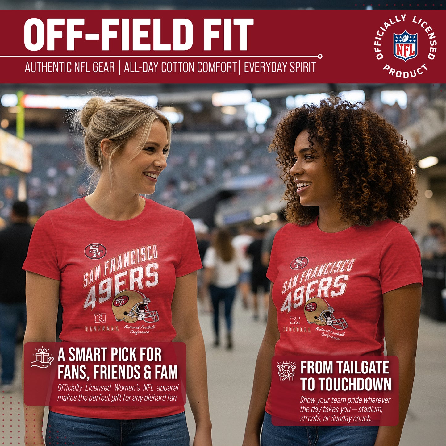 San Francisco 49ers NFL Womens Distressed Helmet Tag-Less Soft T-Shirt - Red Heather
