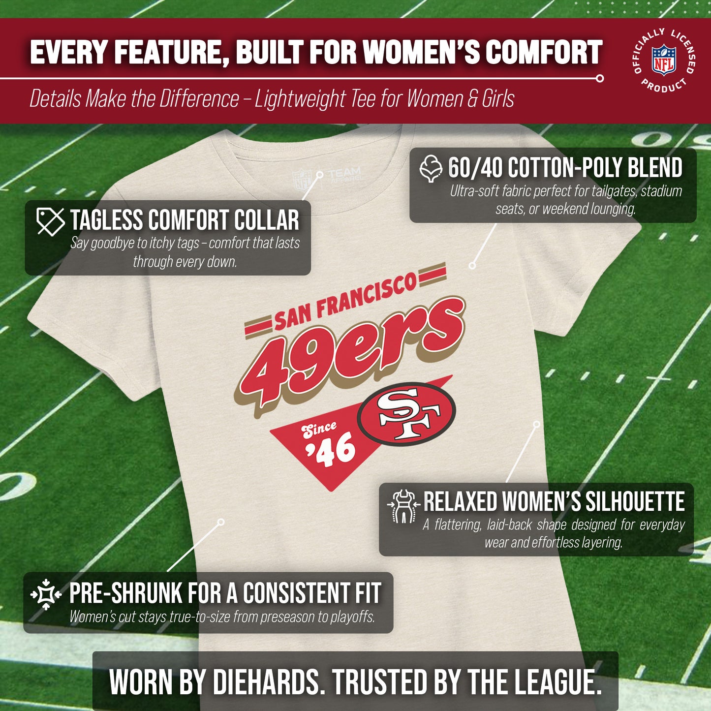 San Francisco 49ers NFL Womens Vintage Charm Tag-Less Soft T-Shirt - Birch