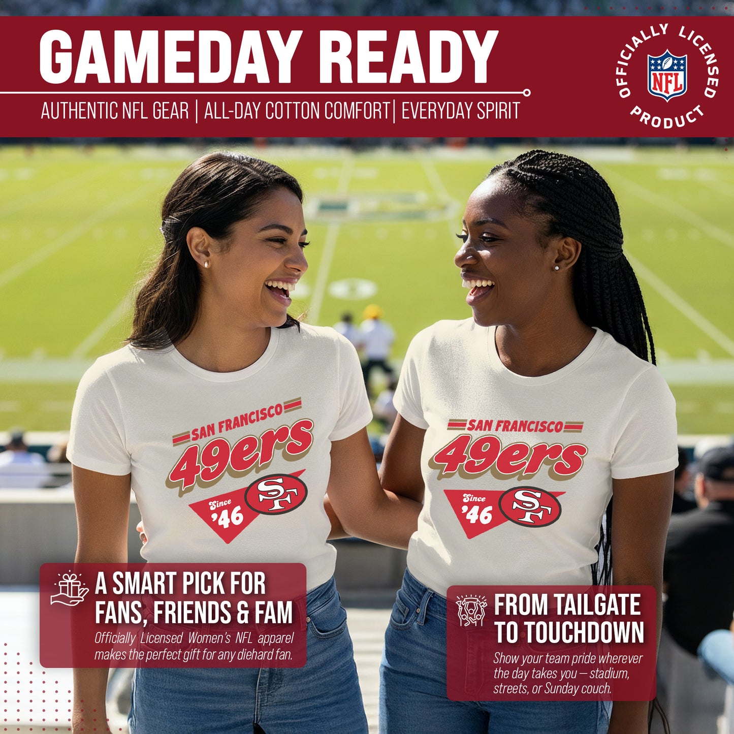 San Francisco 49ers NFL Womens Vintage Charm Tag-Less Soft T-Shirt - Birch