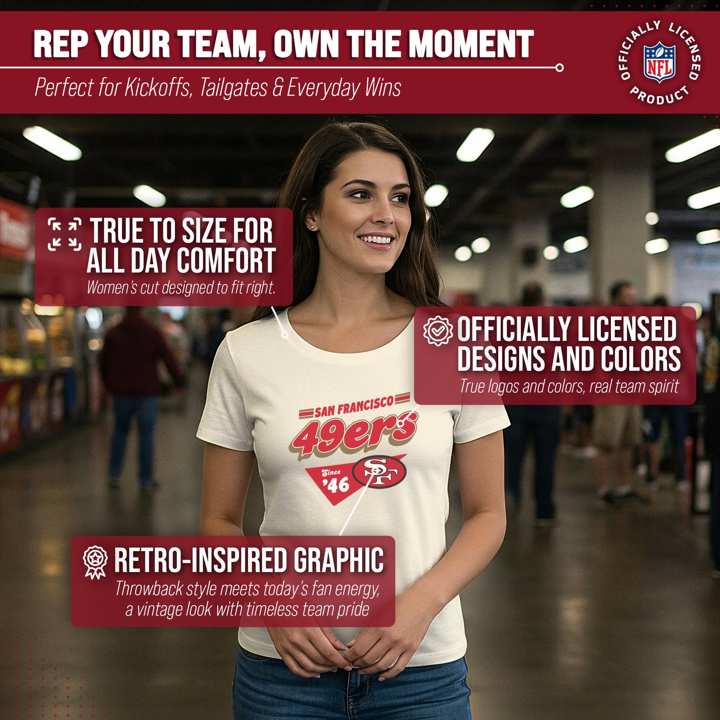 San Francisco 49ers NFL Womens Vintage Charm Tag-Less Soft T-Shirt - Birch