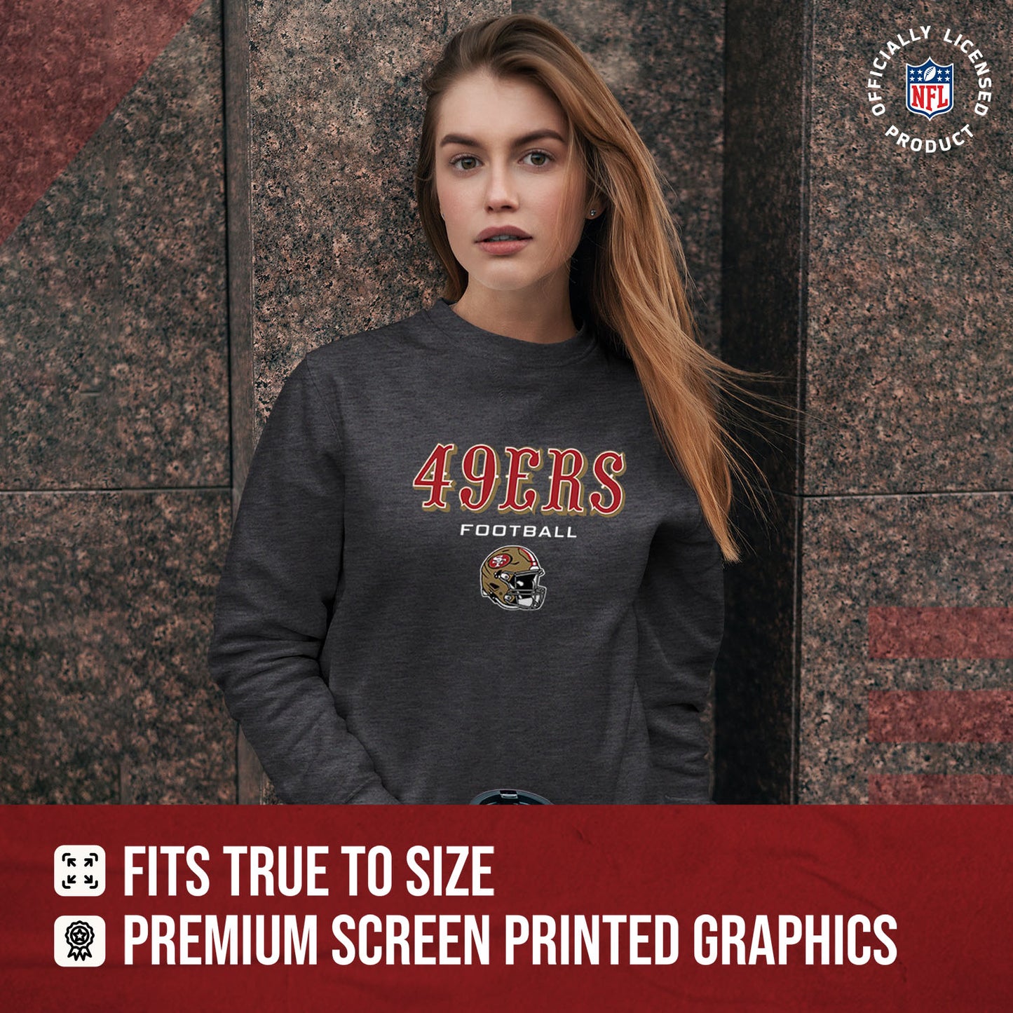 San Francisco 49ers Women's NFL Football Helmet Charcoal Slouchy Crewneck -Tagless Lightweight Pullover - Charcoal