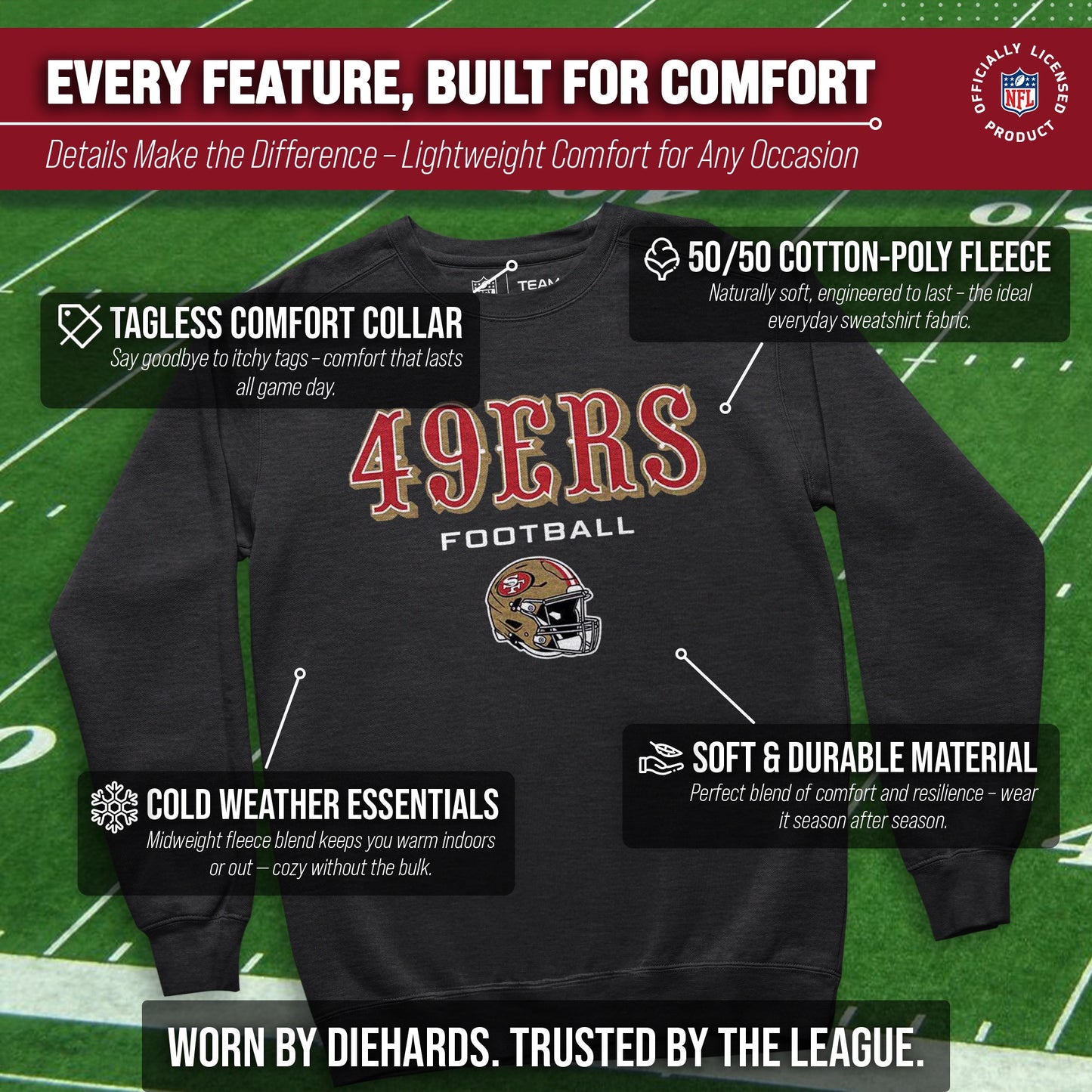 San Francisco 49ers Adult NFL Football Helmet Heather Crewneck Sweatshirt - Charcoal