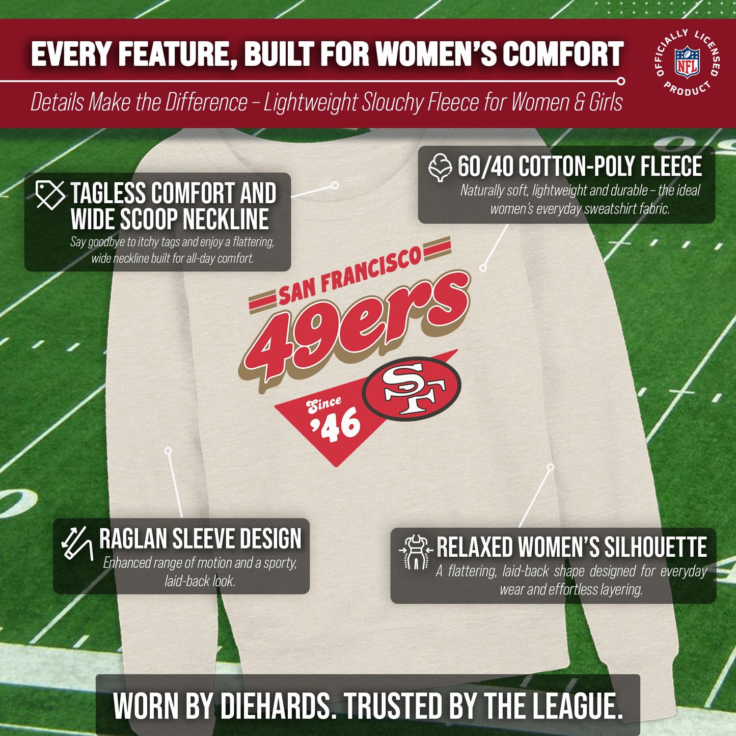 San Francisco 49ers NFL Womens Vintage Charm Slouchy Crewneck - Birch