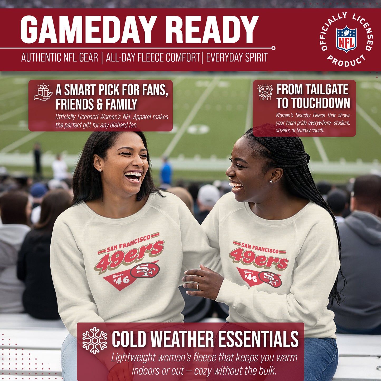 San Francisco 49ers NFL Womens Vintage Charm Slouchy Crewneck - Birch