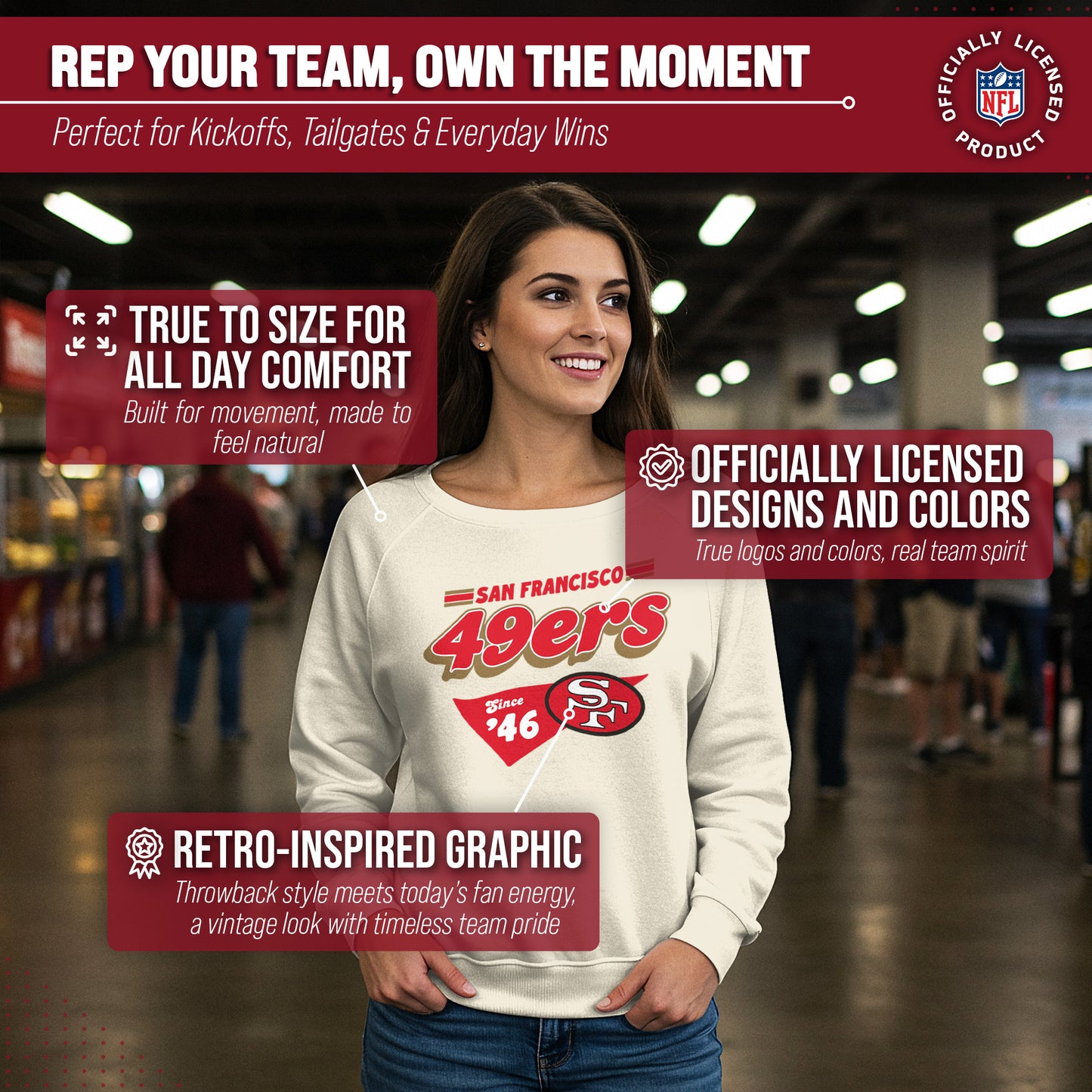 San Francisco 49ers NFL Womens Vintage Charm Slouchy Crewneck - Birch