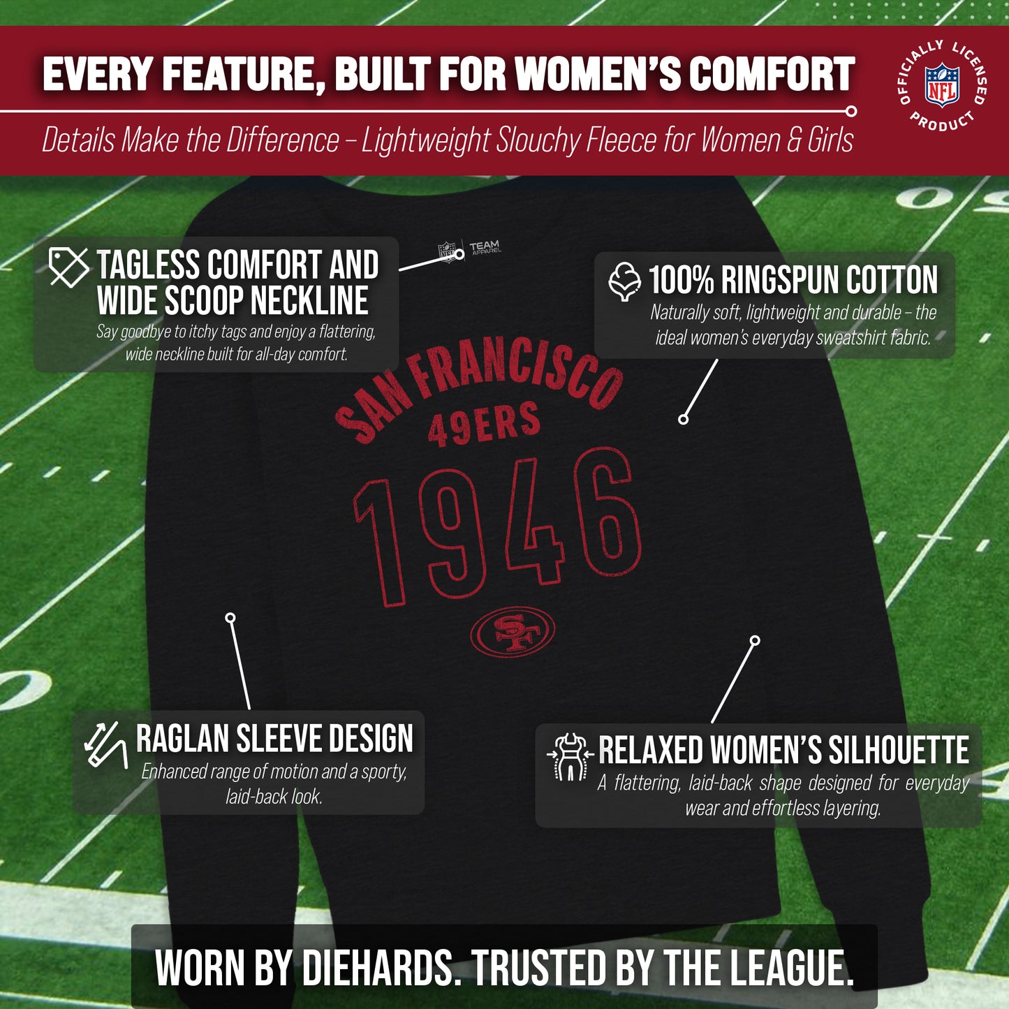 San Francisco 49ers NFL Womens Big Date Slouchy Crewneck - Black
