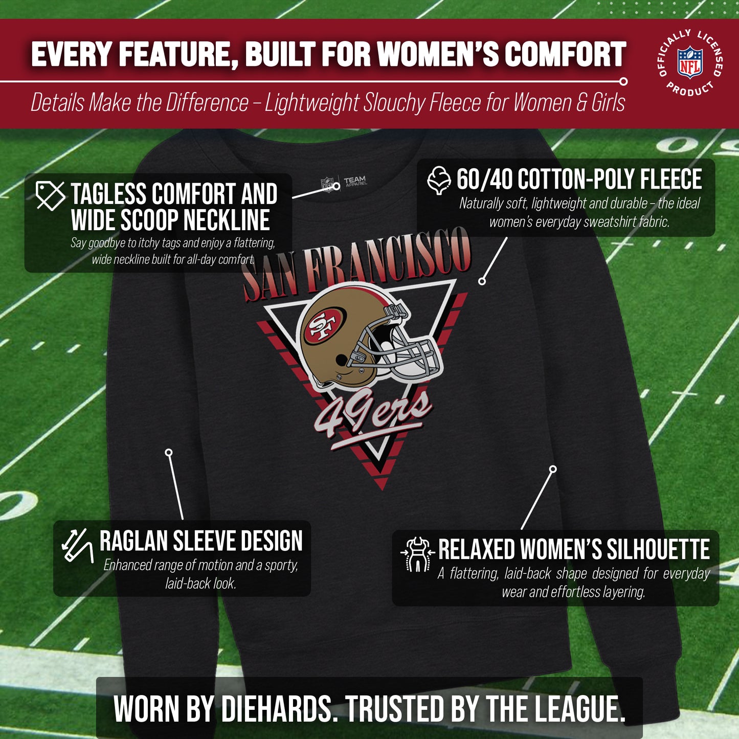 San Francisco 49ers NFL Womens Retro Triangle Slouchy Crewneck - Heather Charcoal