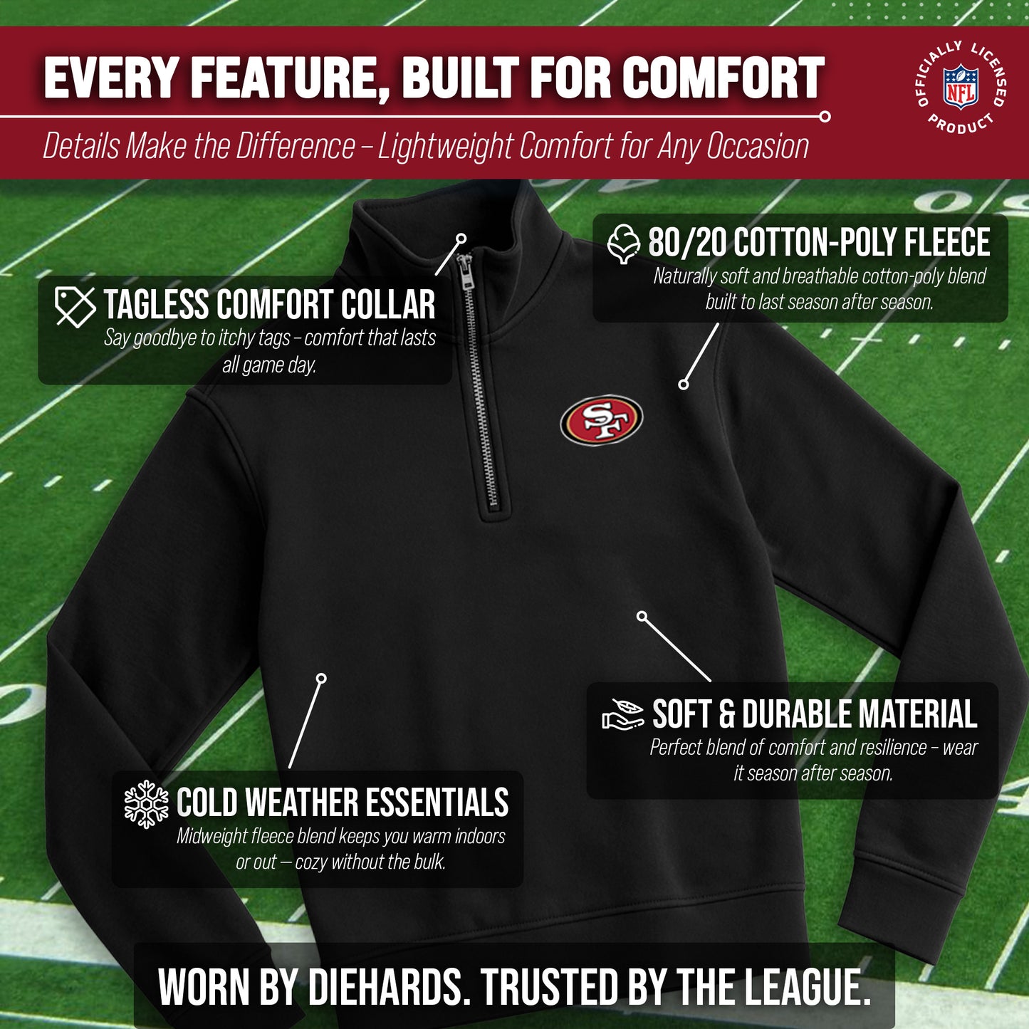 San Francisco 49ers NFL Adult Unisex Team Logo Quarter Zip Pullover Sweatshirt - Black