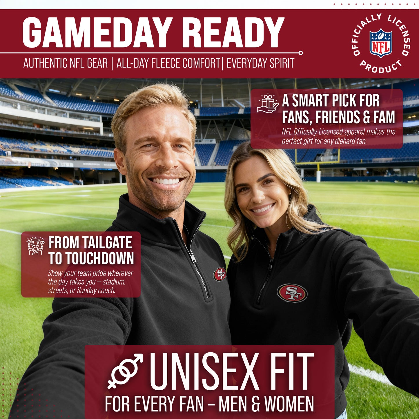 San Francisco 49ers NFL Adult Unisex Team Logo Quarter Zip Pullover Sweatshirt - Black