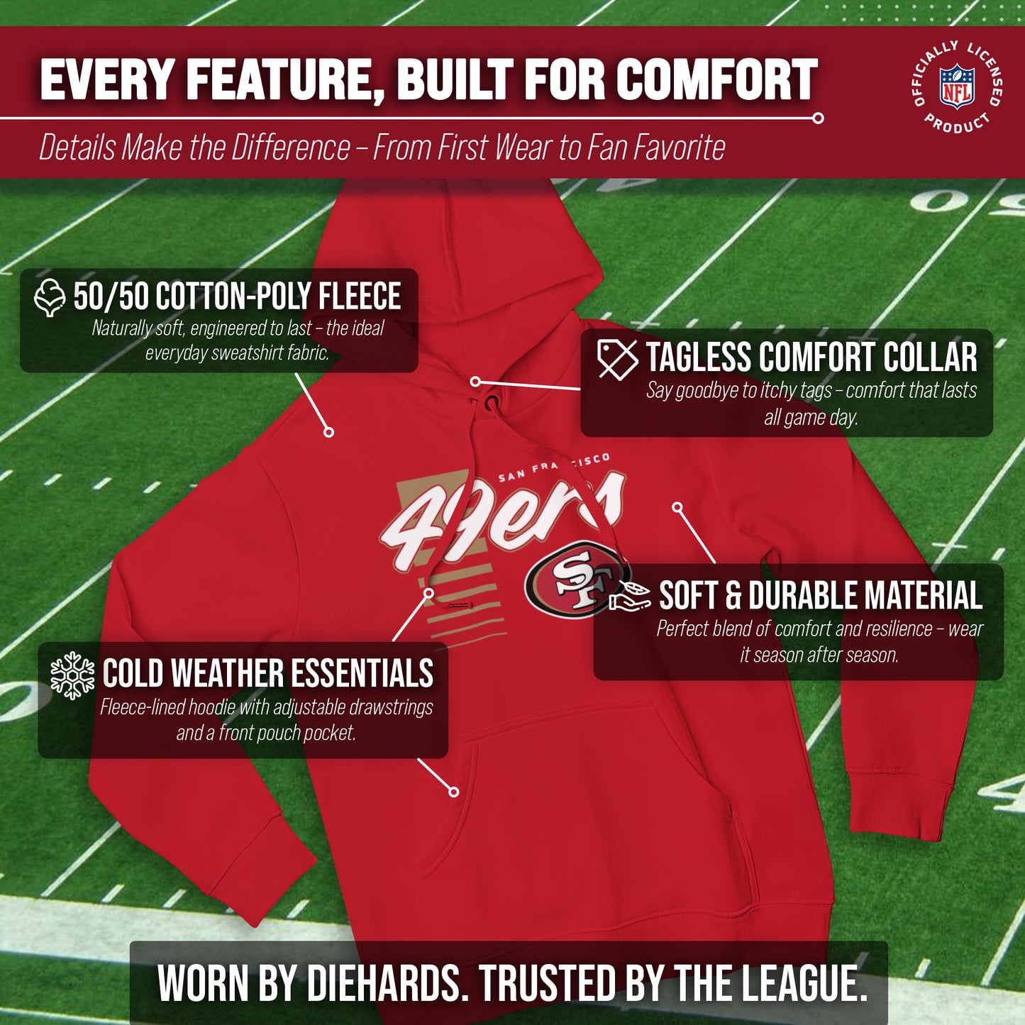 San Francisco 49ers NFL Adult Unisex Retro Script Ultra Soft Fleece Hooded Sweatshirt - Red