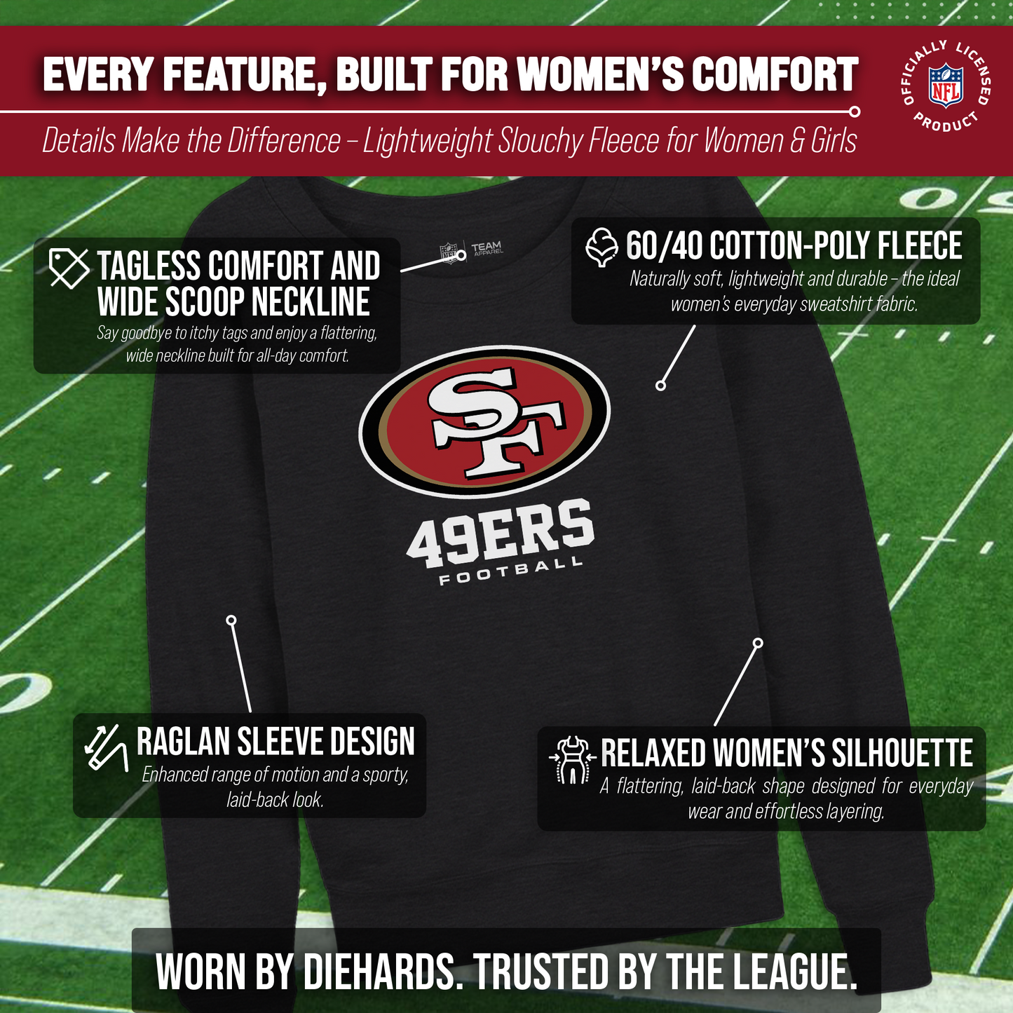San Francisco 49ers Women's NFL Ultimate Fan Logo Slouchy Crewneck -Tagless Fleece Lightweight Pullover - Charcoal