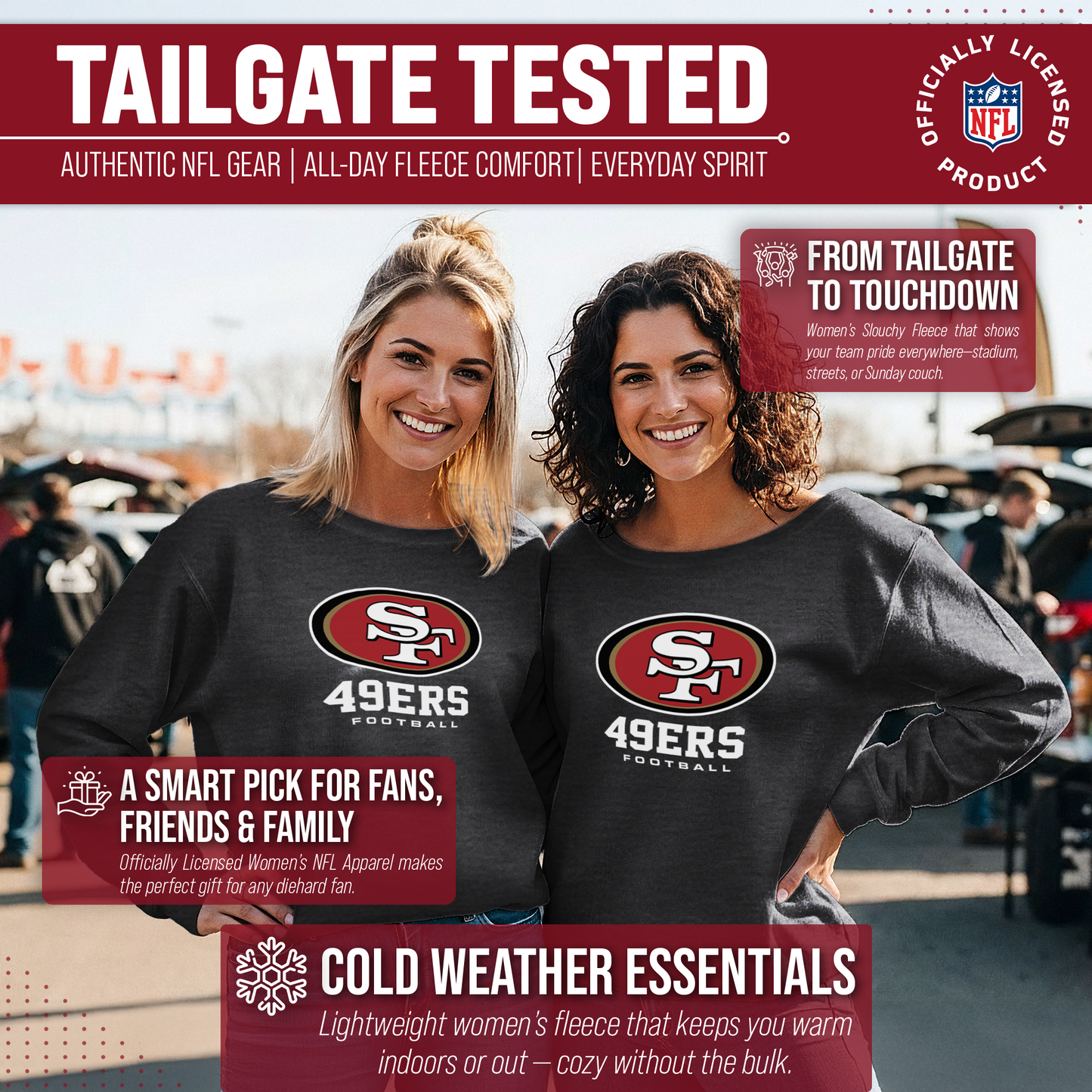San Francisco 49ers Women's NFL Ultimate Fan Logo Slouchy Crewneck -Tagless Fleece Lightweight Pullover - Charcoal