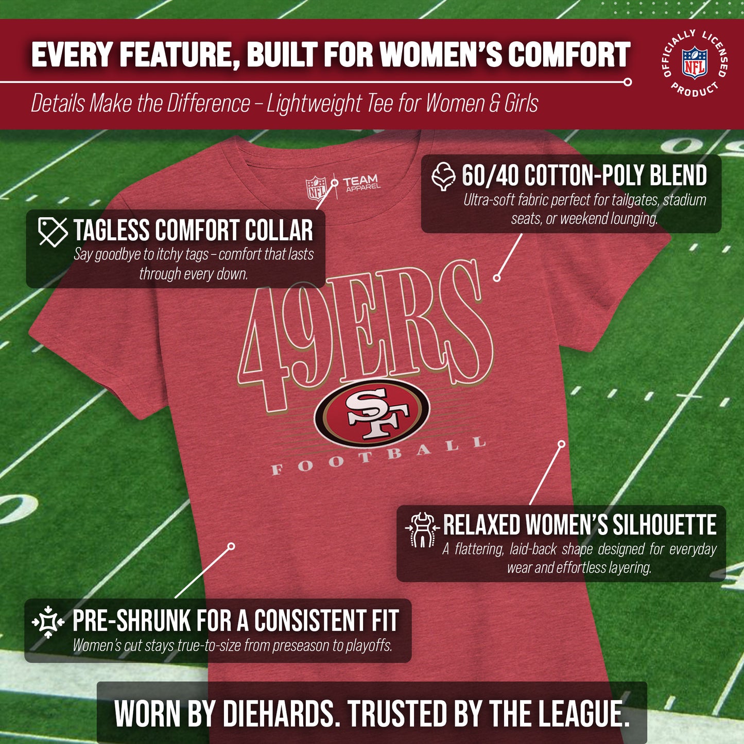 San Francisco 49ers NFL Womens Overtime Blueprint Tag-Less T-Shirt - Red