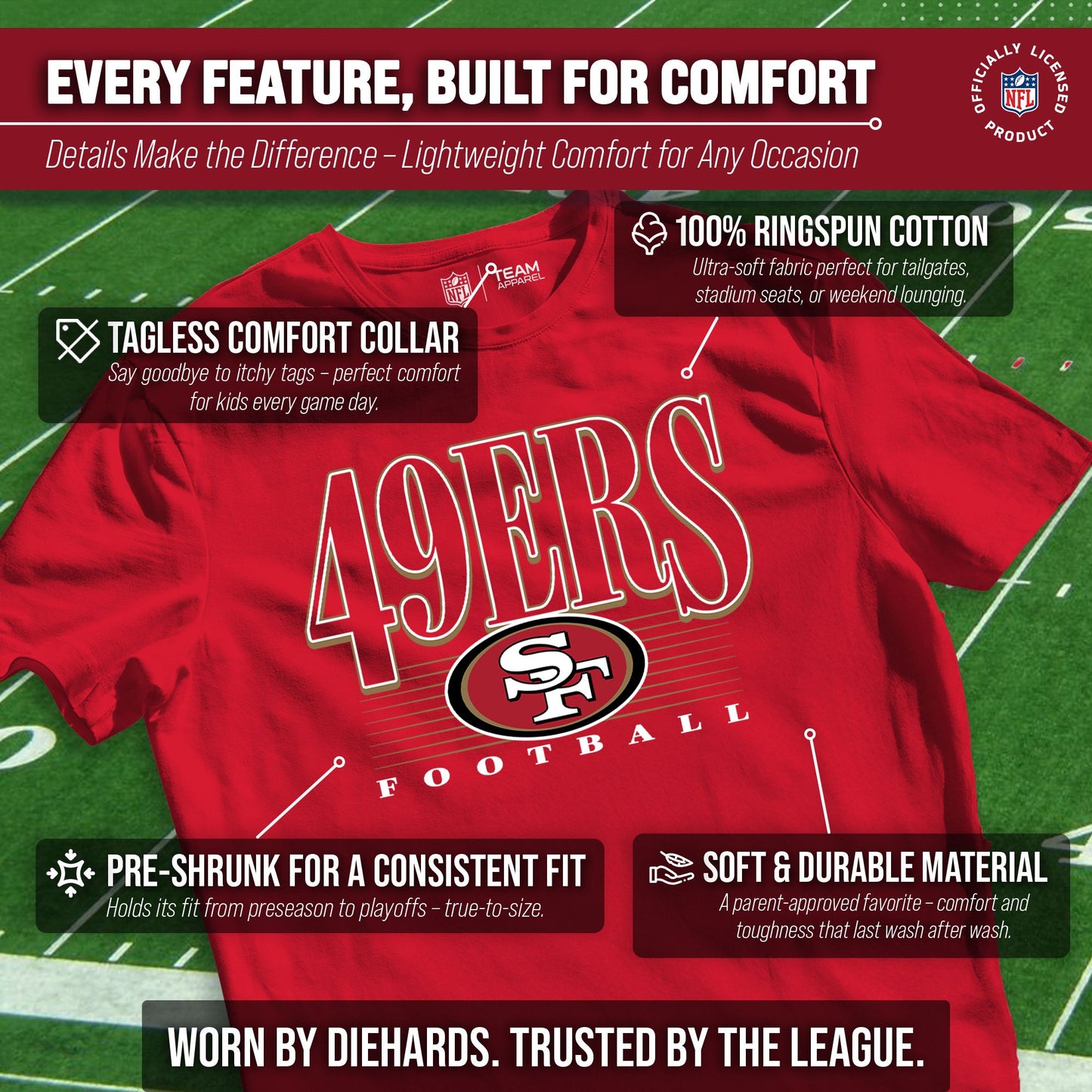 San Francisco 49ers NFL Youth Overtime Blueprint Football T-Shirt Unisex Tag Free Comfortable - Red