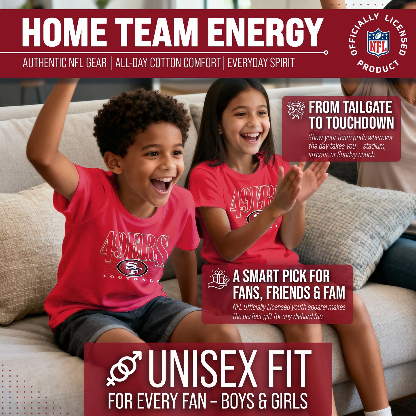 San Francisco 49ers NFL Youth Overtime Blueprint Football T-Shirt Unisex Tag Free Comfortable - Red