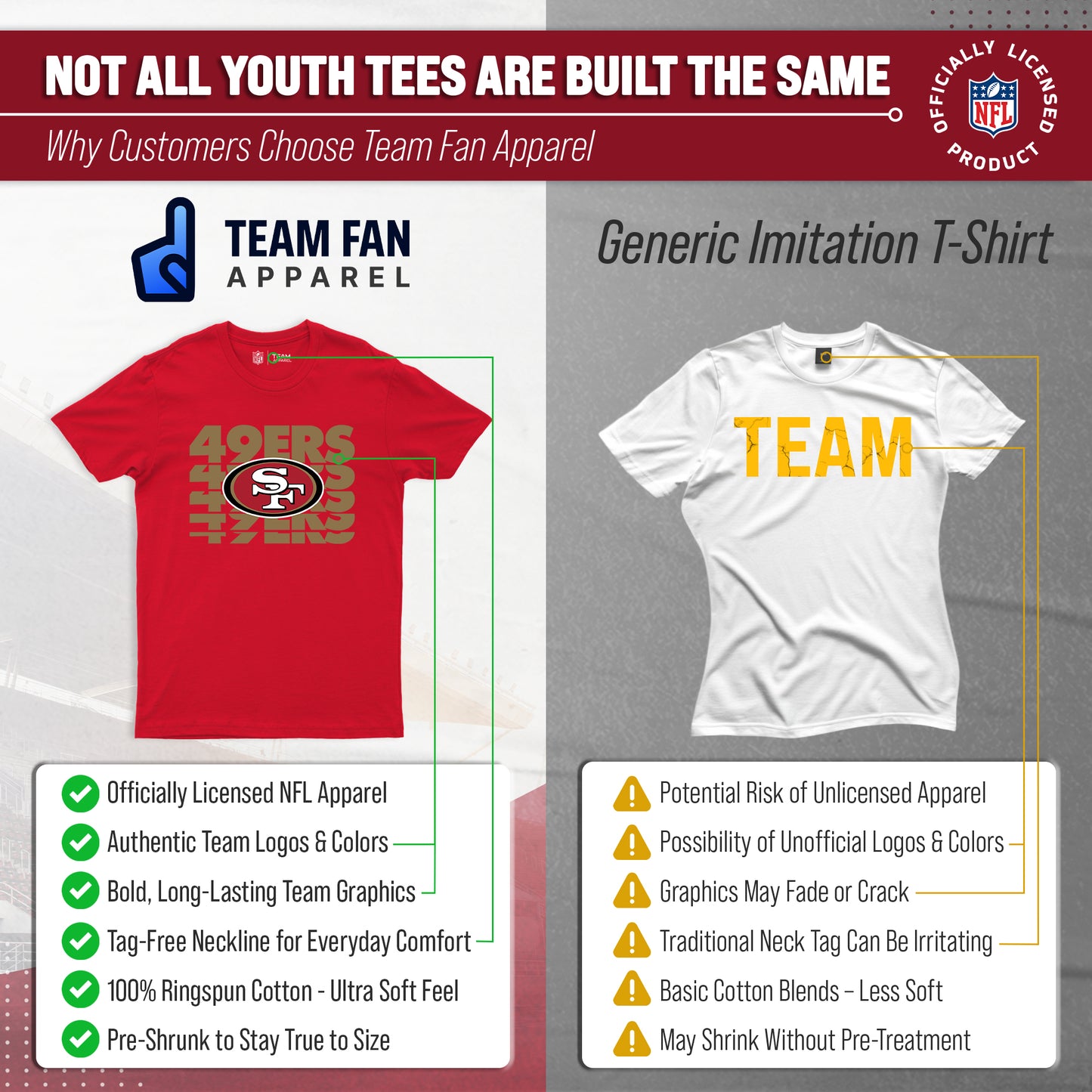 San Francisco 49ers NFL Youth Repeating Logo Football T-Shirt Unisex Tag Free Comfortable - Red