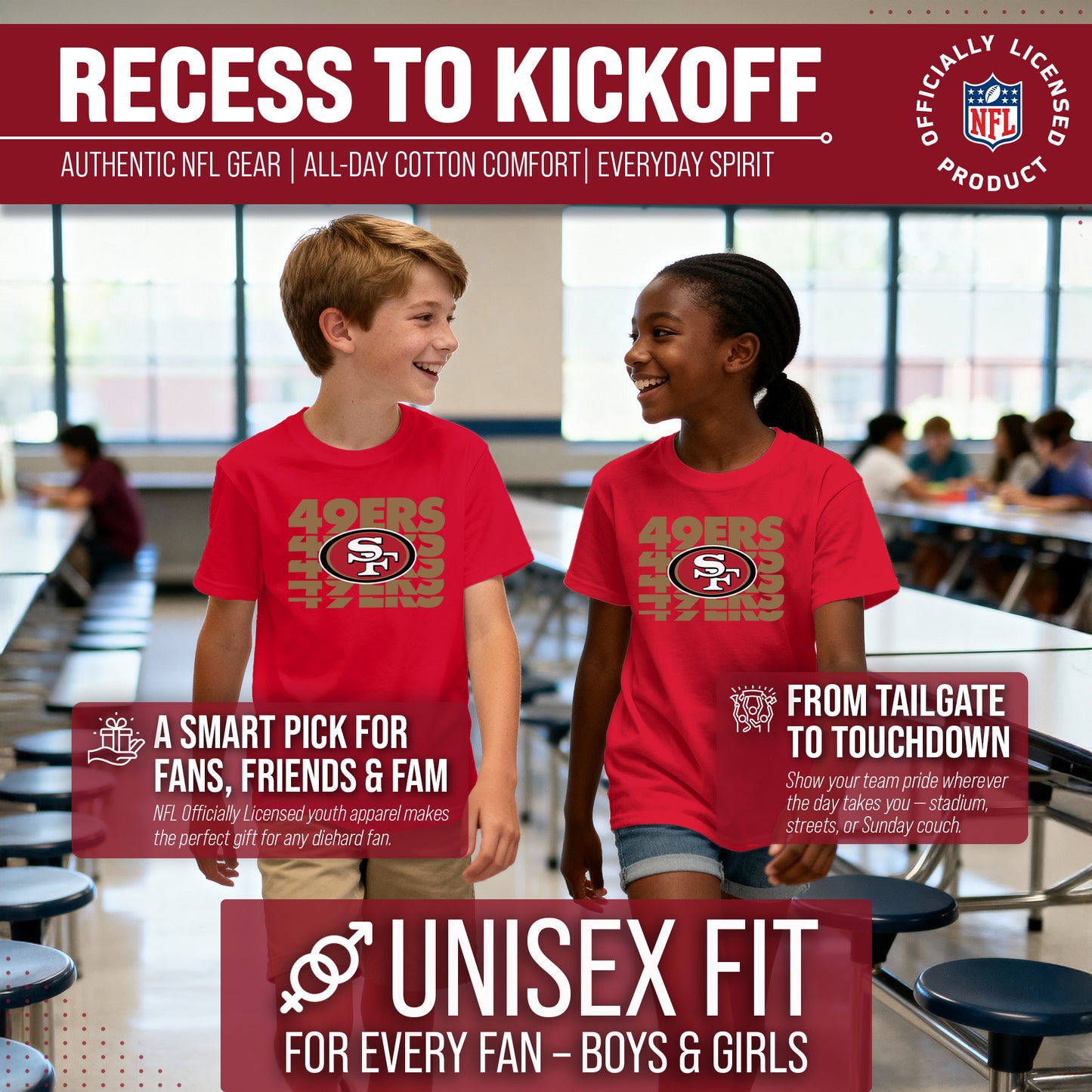 San Francisco 49ers NFL Youth Repeating Logo Football T-Shirt Unisex Tag Free Comfortable - Red