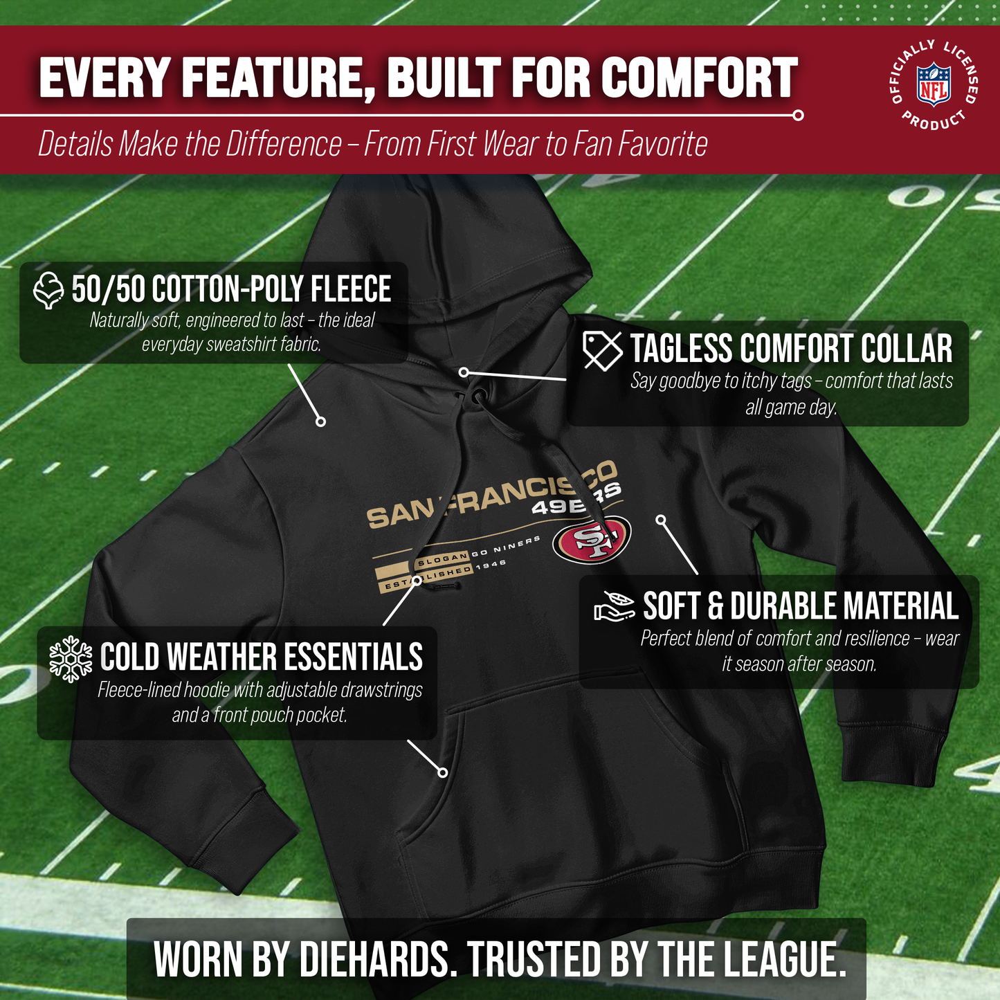 San Francisco 49ers Adult NFL Speed Stat Sheet Fleece Hooded Sweatshirt - Black