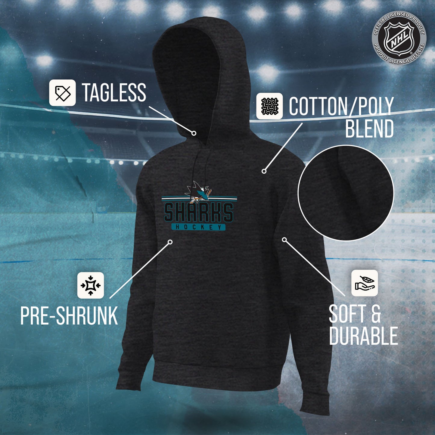 San Jose Sharks NHL Adult Heather Charcoal True Fan Hooded Sweatshirt Unisex - Charcoal