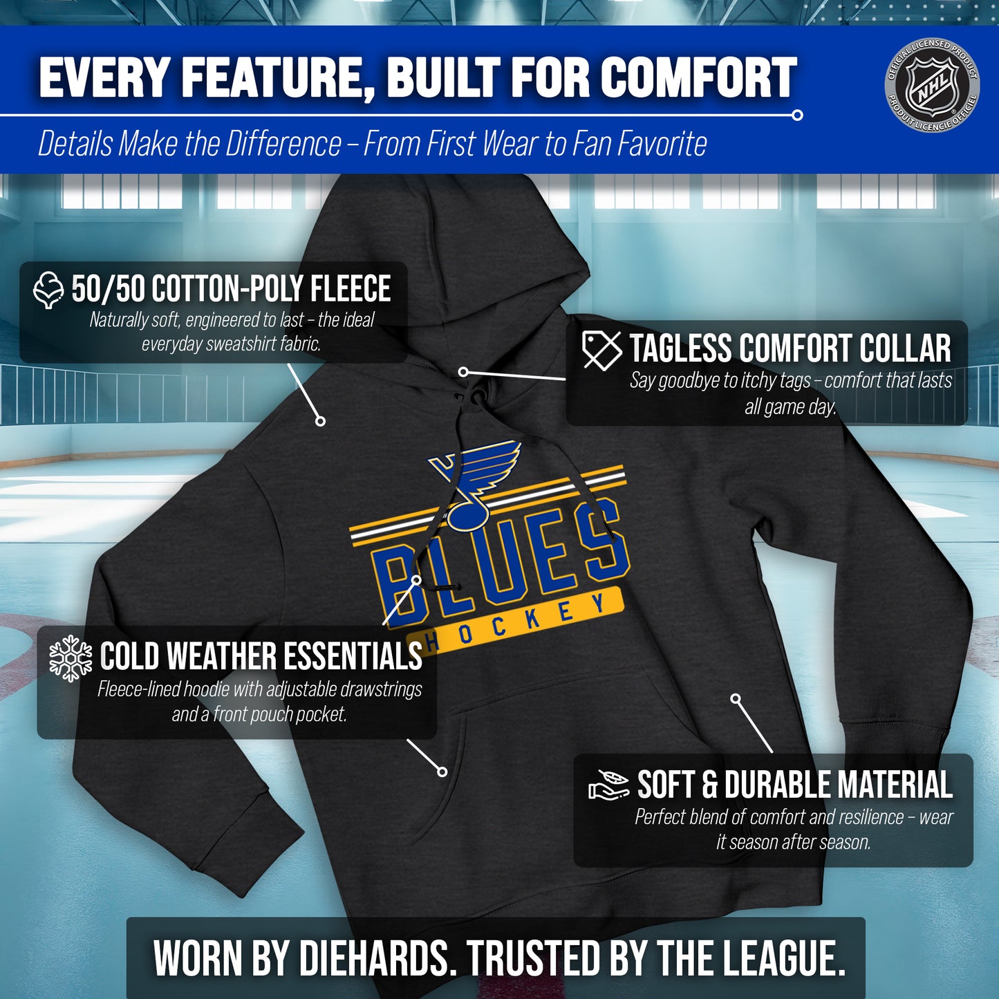 St. Louis Blues NHL Adult Heather Charcoal True Fan Hooded Sweatshirt Unisex - Charcoal