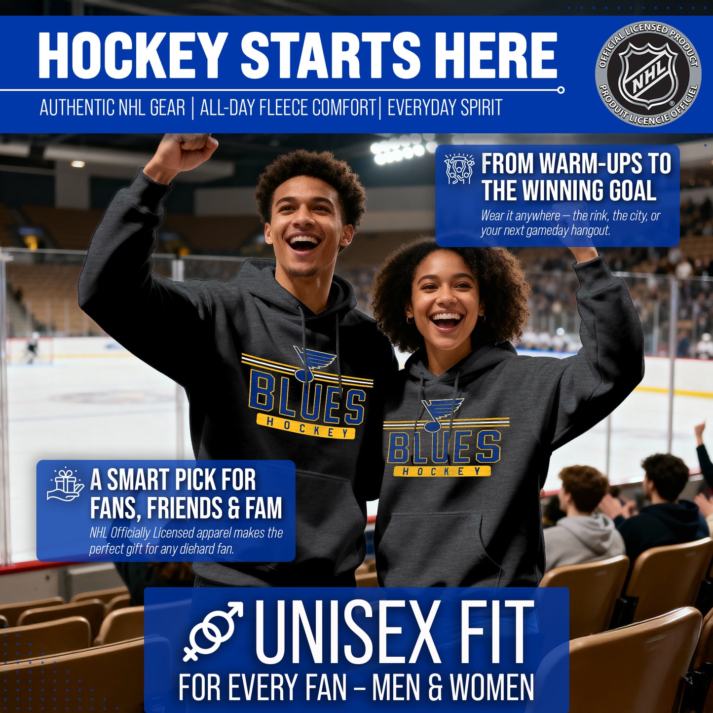 St. Louis Blues NHL Adult Heather Charcoal True Fan Hooded Sweatshirt Unisex - Charcoal