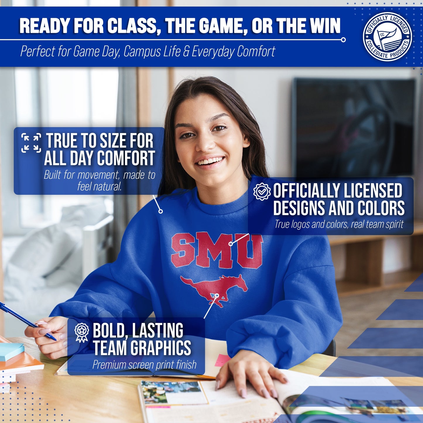 SMU Mustangs Campus Colors Adult Arch & Logo Soft Style Gameday Crewneck Sweatshirt  - Royal