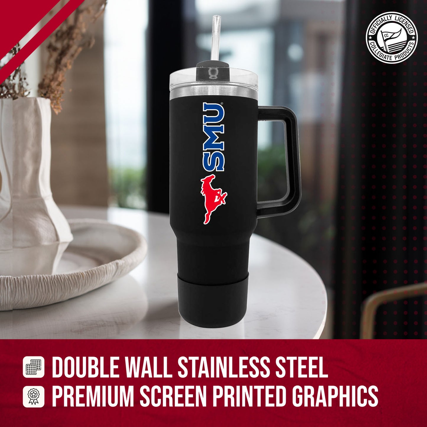 SMU Mustangs College & University 40 oz Travel Tumbler With Handle - Black