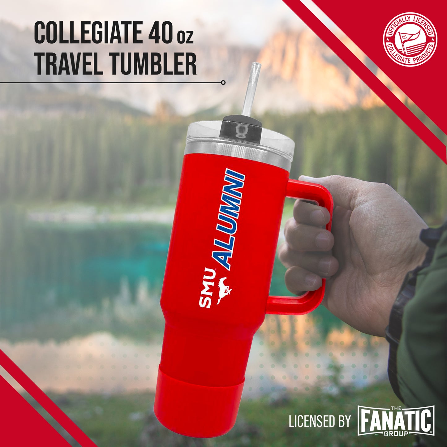 SMU Mustangs Collegiate 40oz Stainless Steel Travel Tumbler with Handle for Alumni - Red