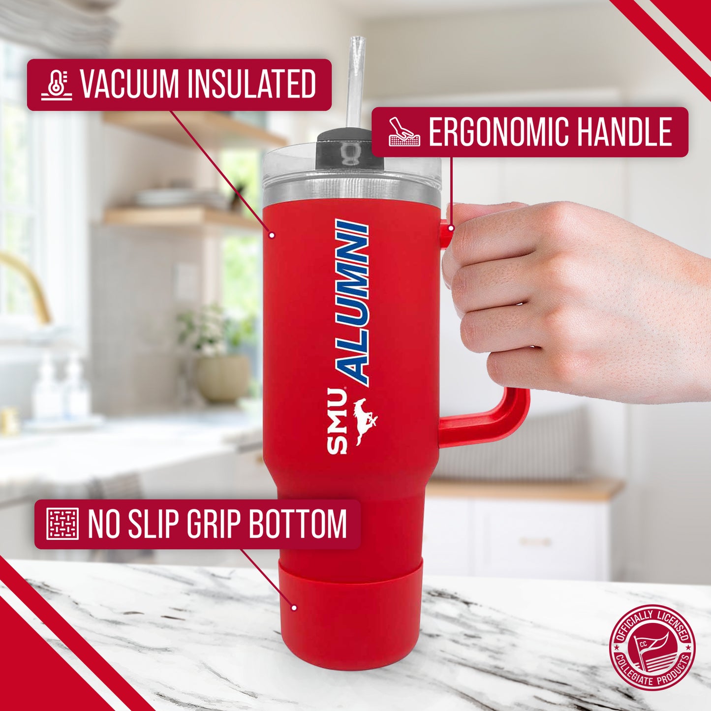 SMU Mustangs Collegiate 40oz Stainless Steel Travel Tumbler with Handle for Alumni - Red