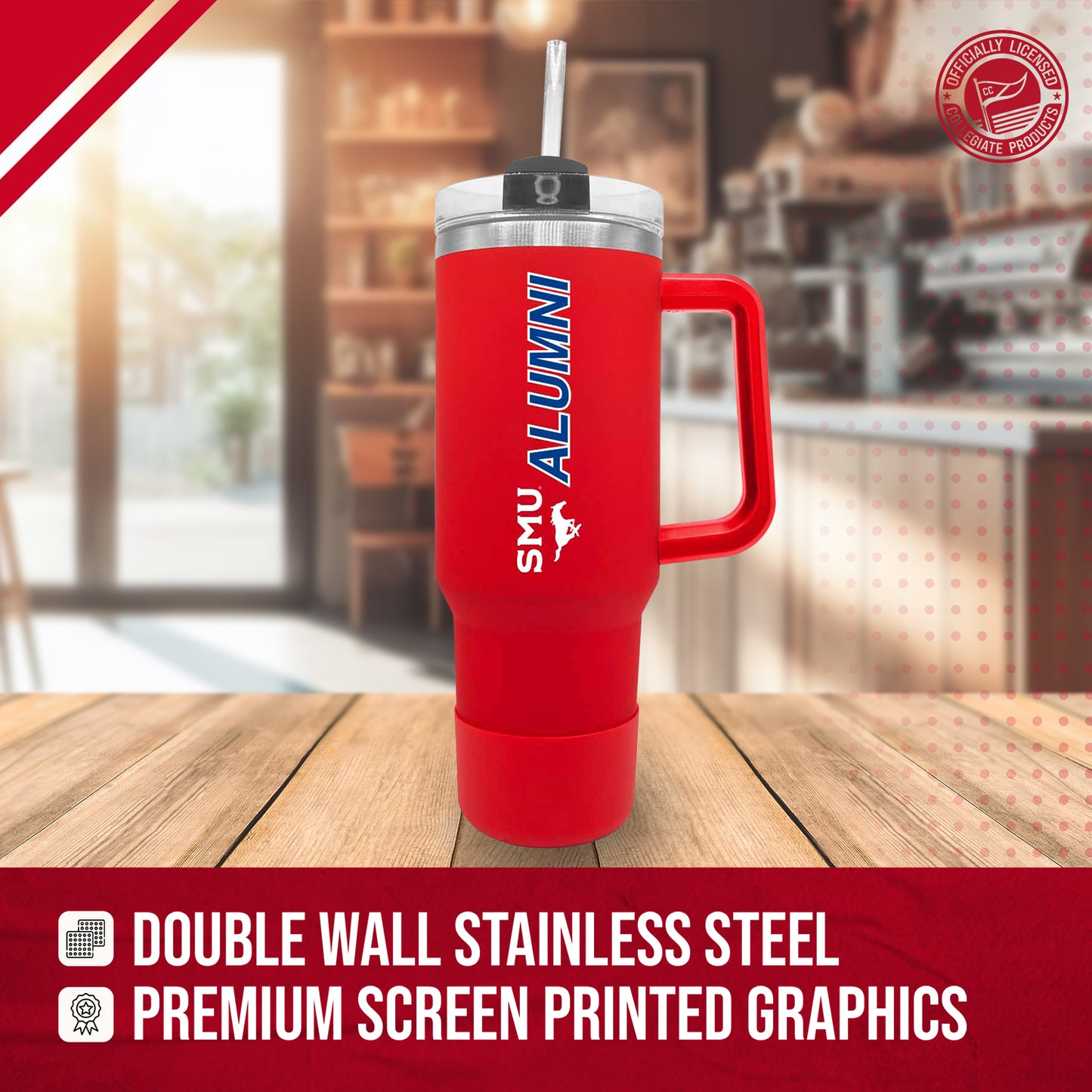 SMU Mustangs Collegiate 40oz Stainless Steel Travel Tumbler with Handle for Alumni - Red