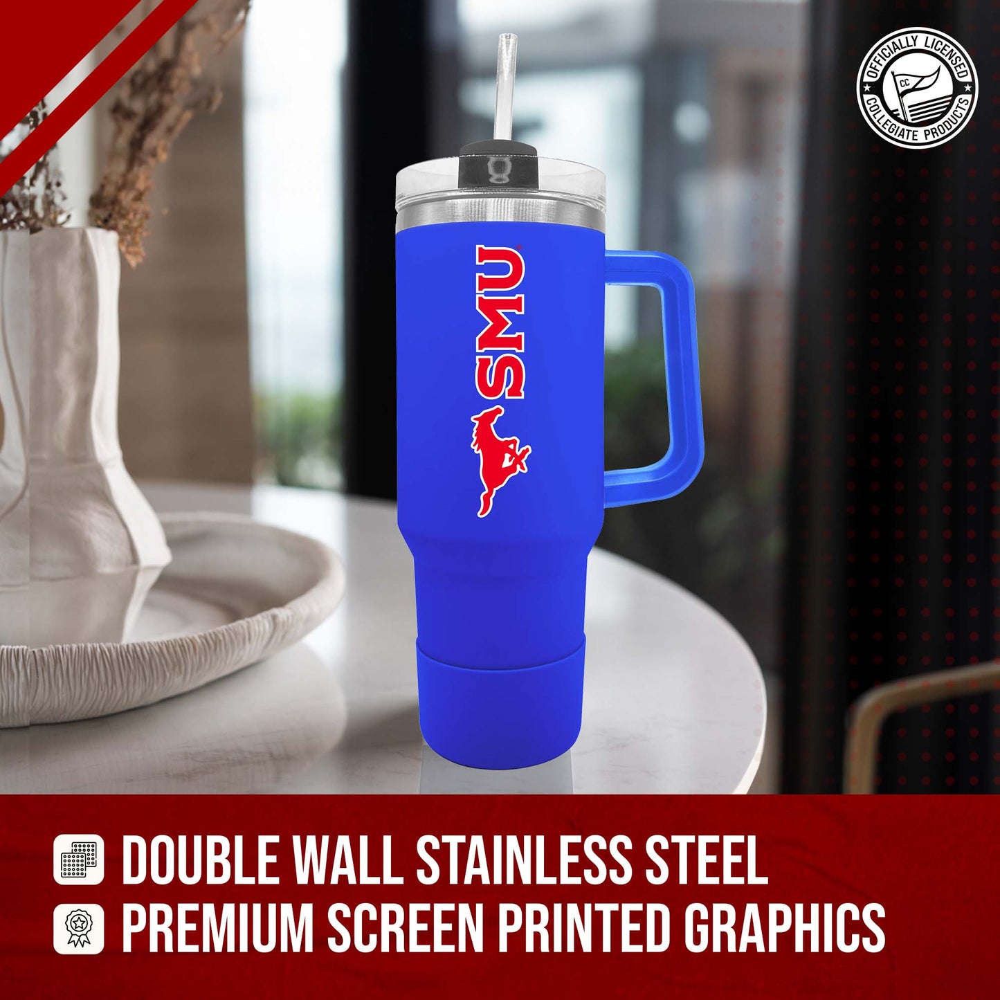 SMU Mustangs College & University 40 oz Travel Tumbler With Handle - Royal