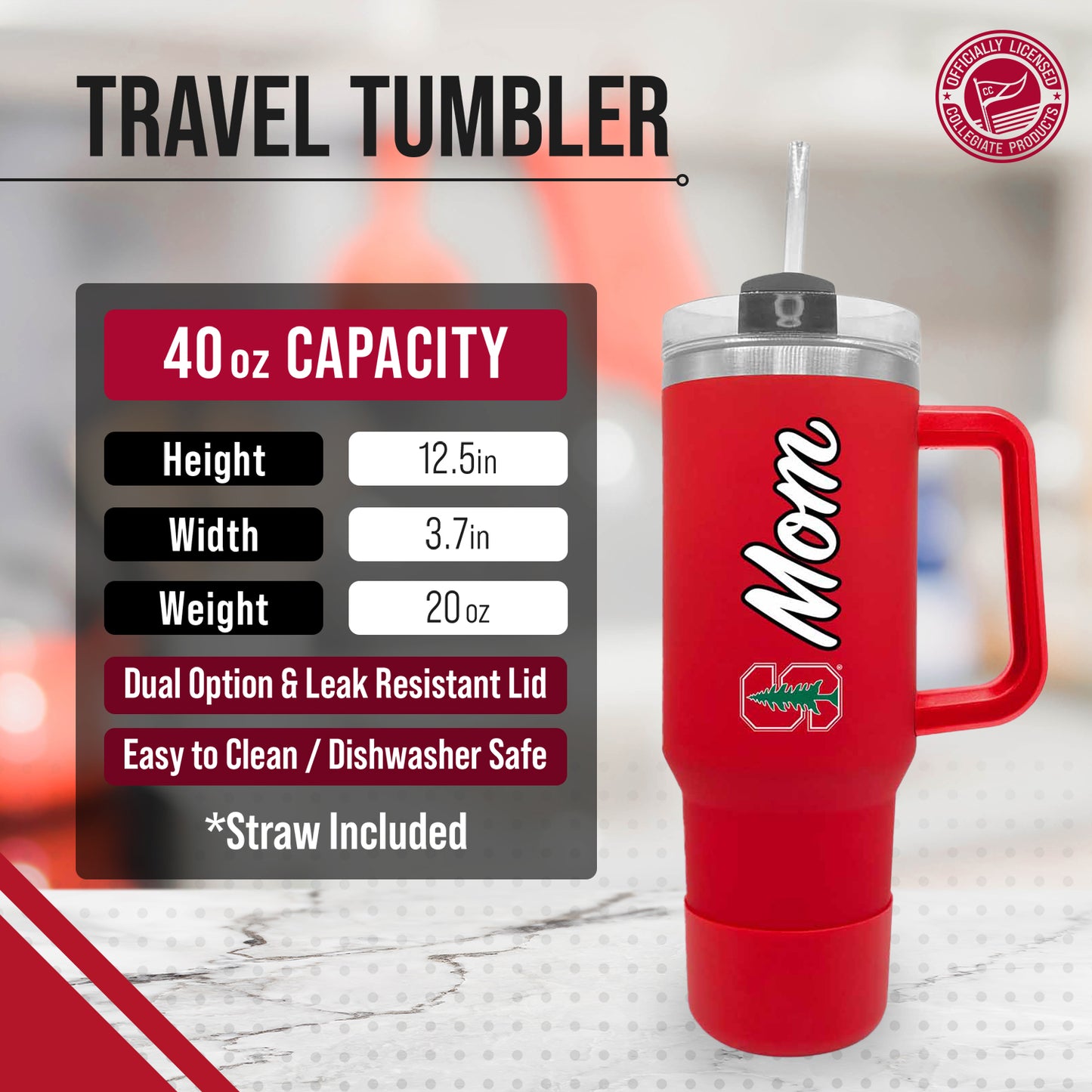 Stanford Cardinal Collegiate 40oz Stainless Steel Travel Tumbler with Handle for Mom - Cardinal