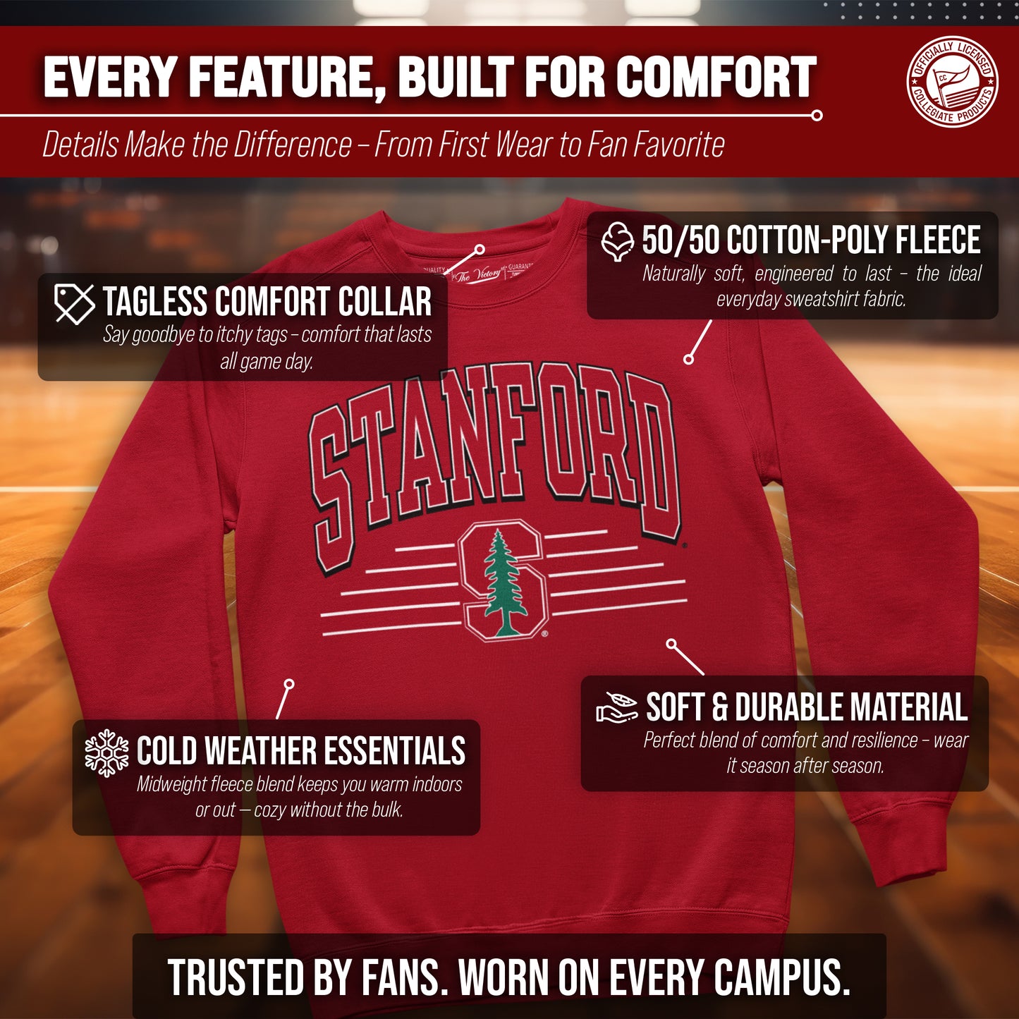 Stanford Cardinal NCAA Adult Unisex Overtime Classics Crewneck Fleece Sweatshirt - Cardinal
