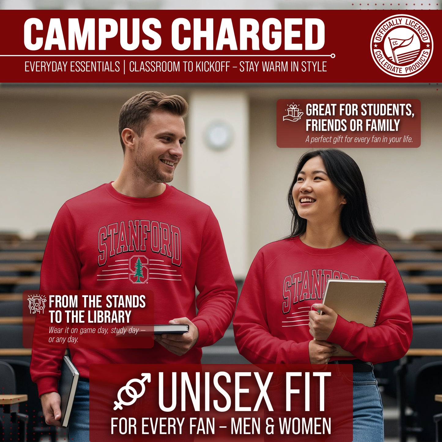 Stanford Cardinal NCAA Adult Unisex Overtime Classics Crewneck Fleece Sweatshirt - Cardinal