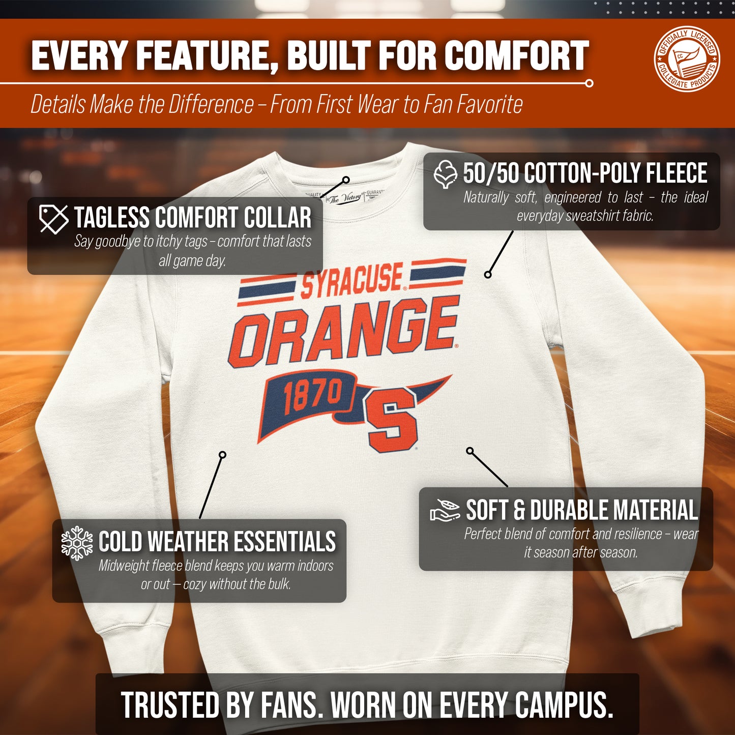 Syracuse Orange NCAA Adult Unisex Varsity Club Pennant Crewneck Fleece Sweatshirt - Off White