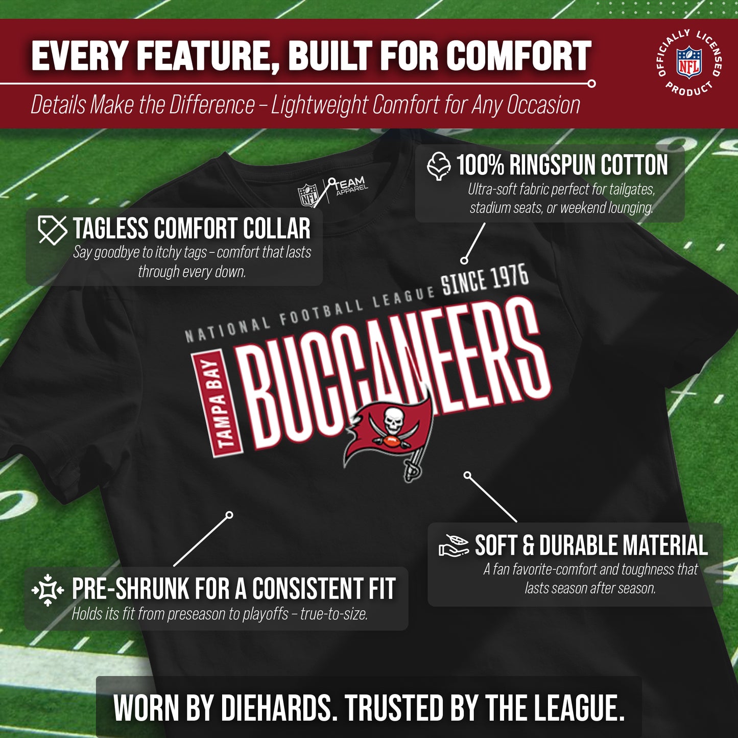 Tampa Bay Buccaneers NFL Youth Modern Endzone Football T-Shirt Unisex Tag Free Comfortable - Black